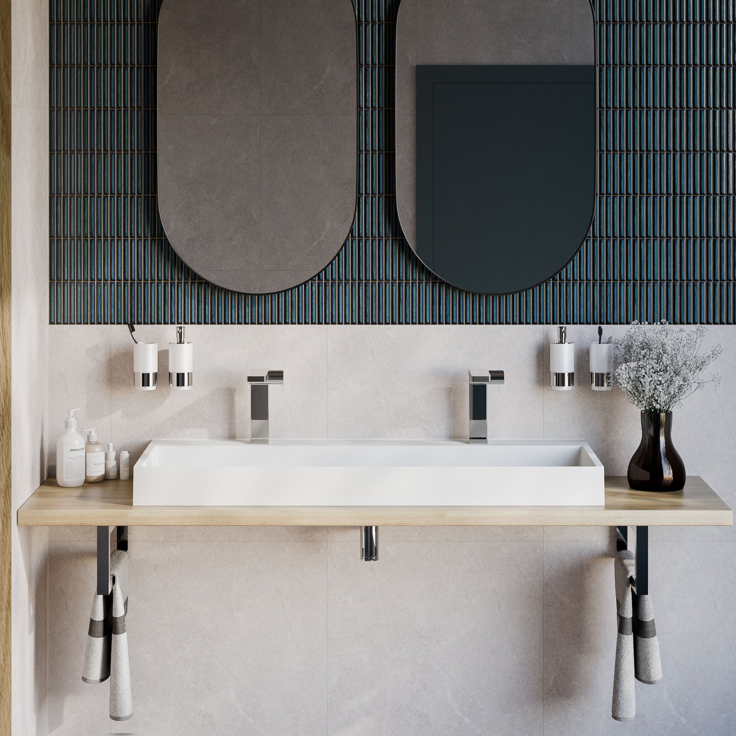 Lavabo para apoyar o colgar BS6001 - blanco - 2 orificios para grifería - longitud 120 cm