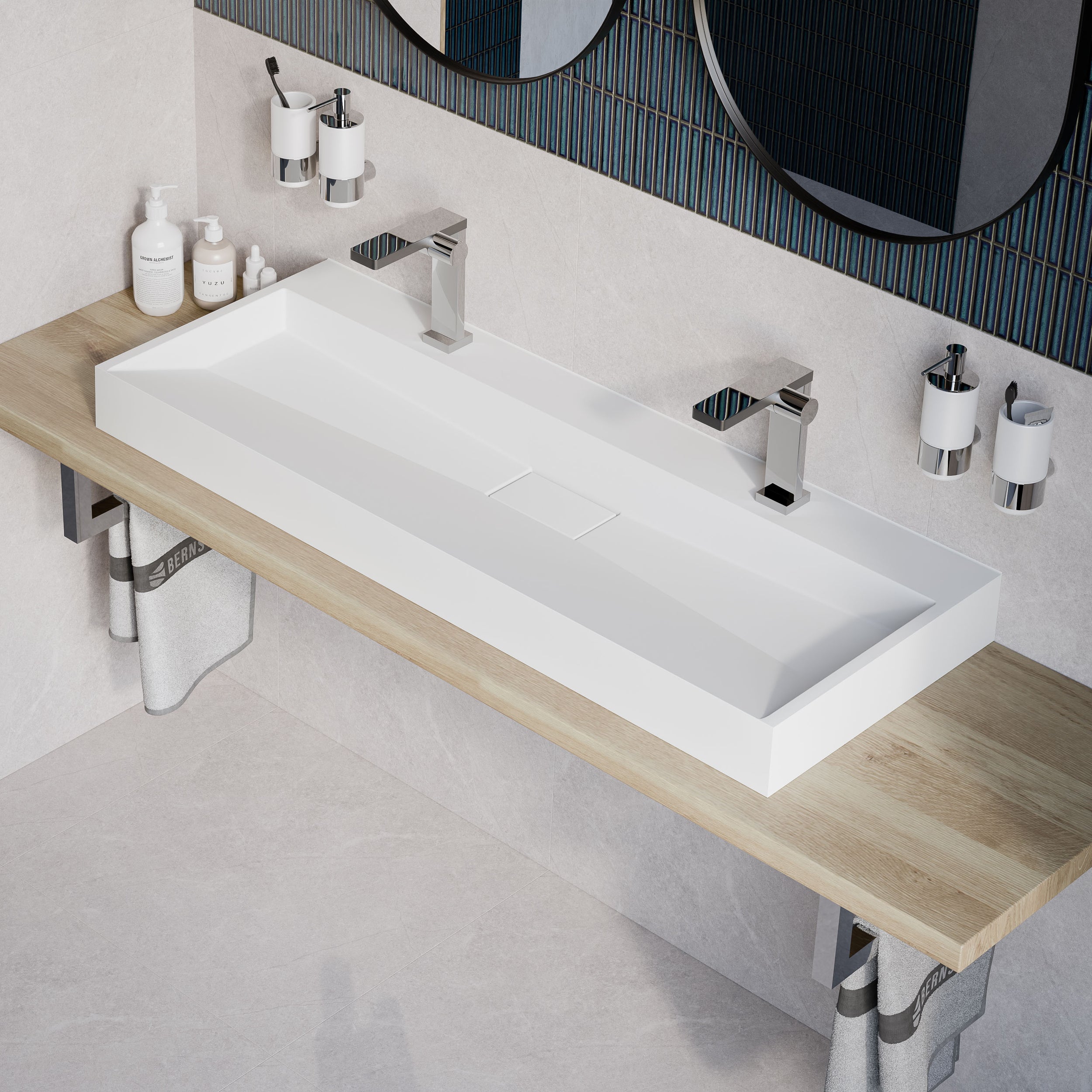 Lavabo para apoyar o colgar BS6001 - blanco - 2 orificios para grifería - longitud 120 cm