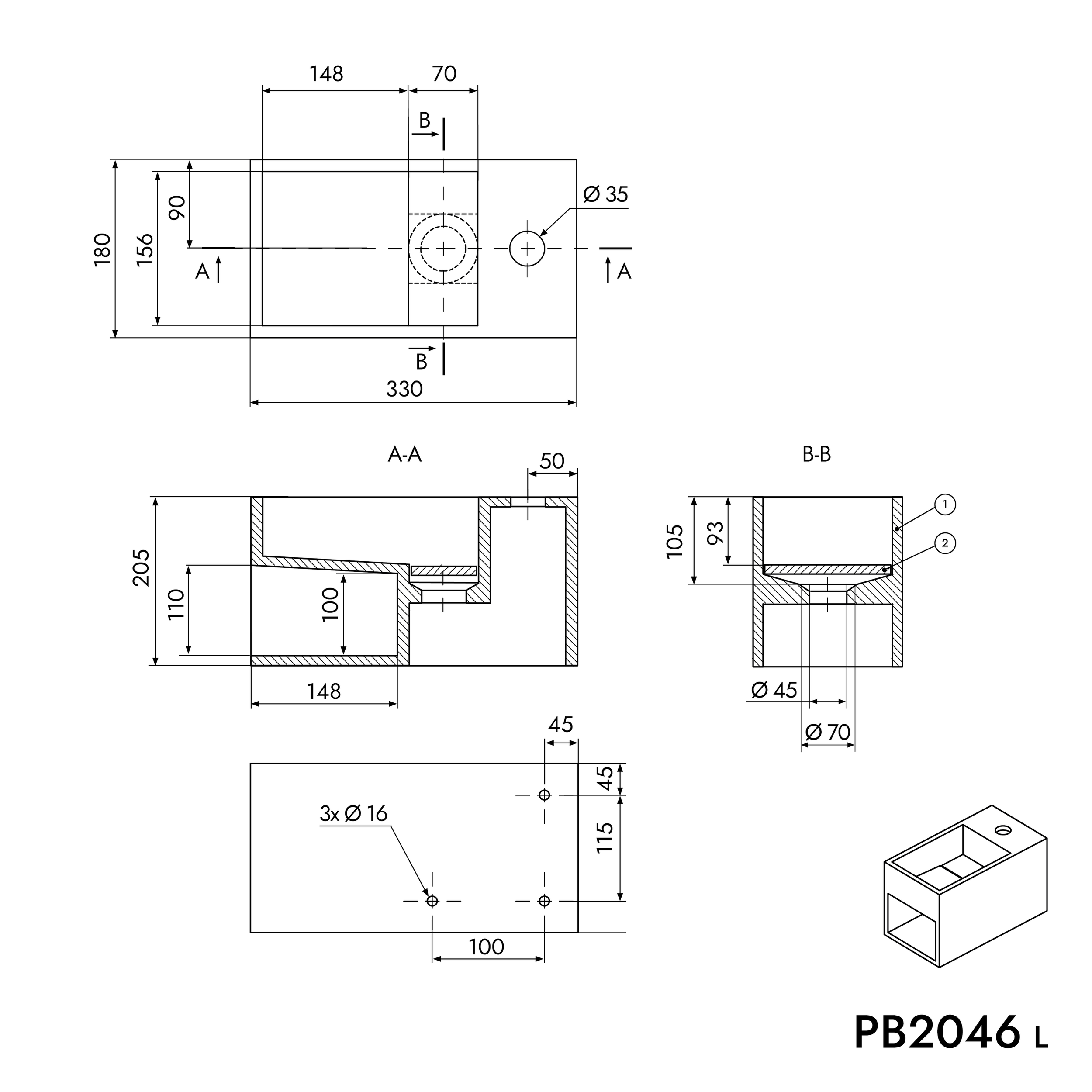 Lavabo mural PB2046 de fundición mineral