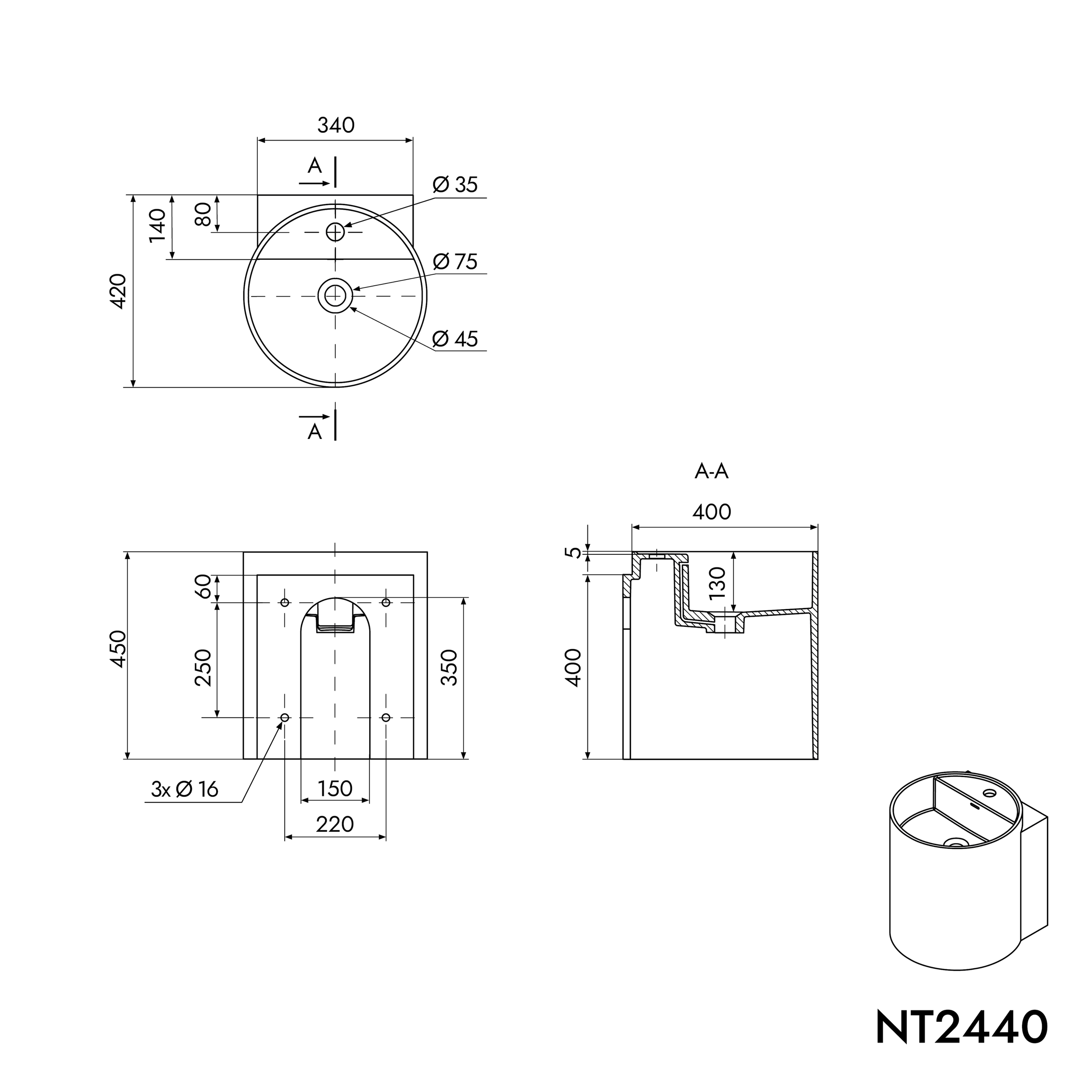 NT2440 Lavabo mural de fundición mineral