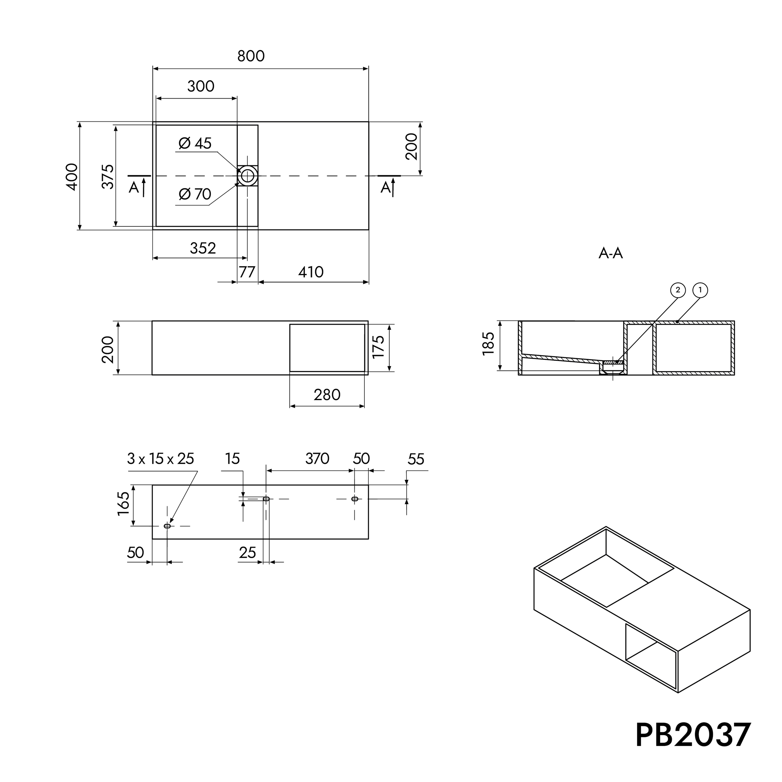 Lavabo mural PB2037 de fundición mineral