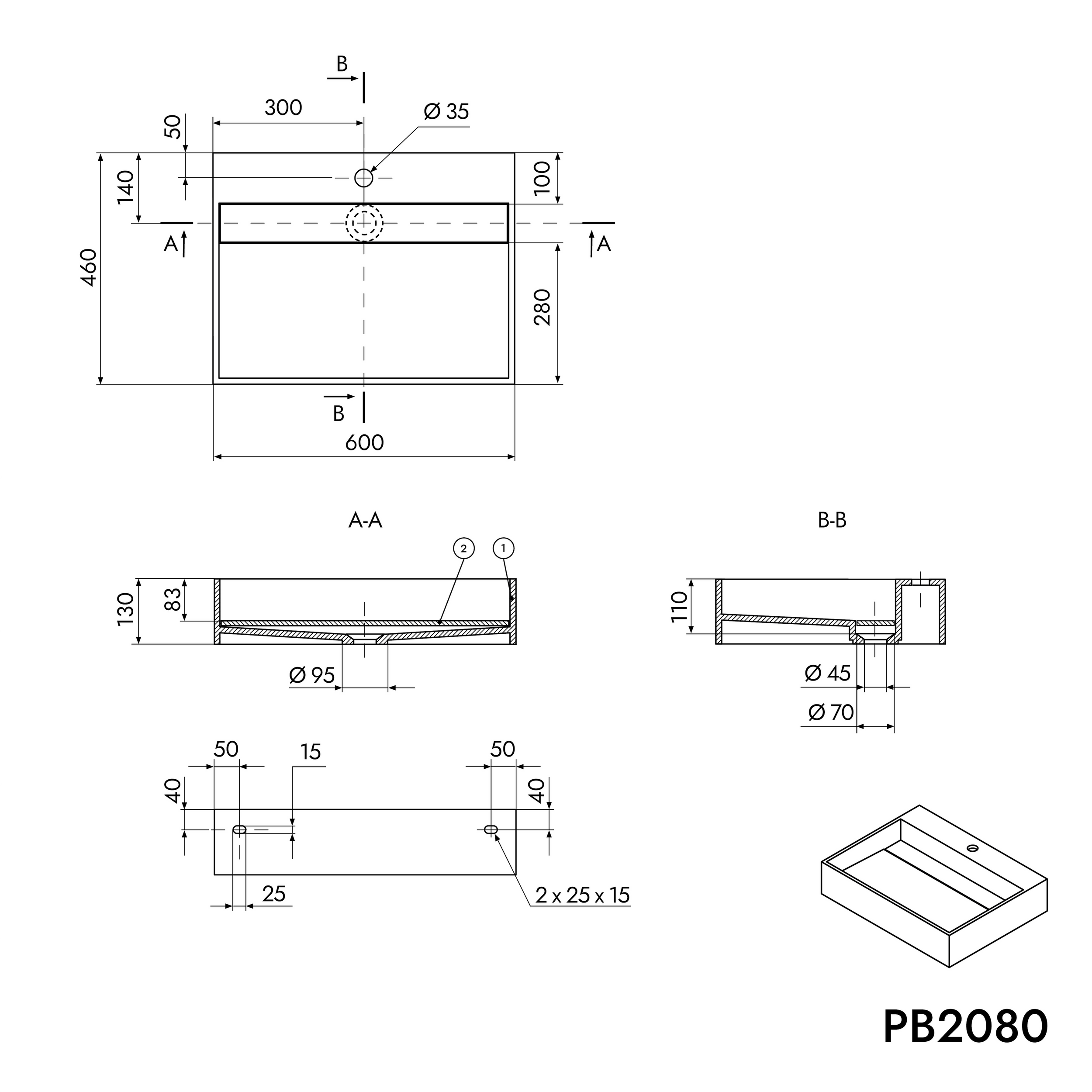 Lavabo mural PB2080 de fundición mineral