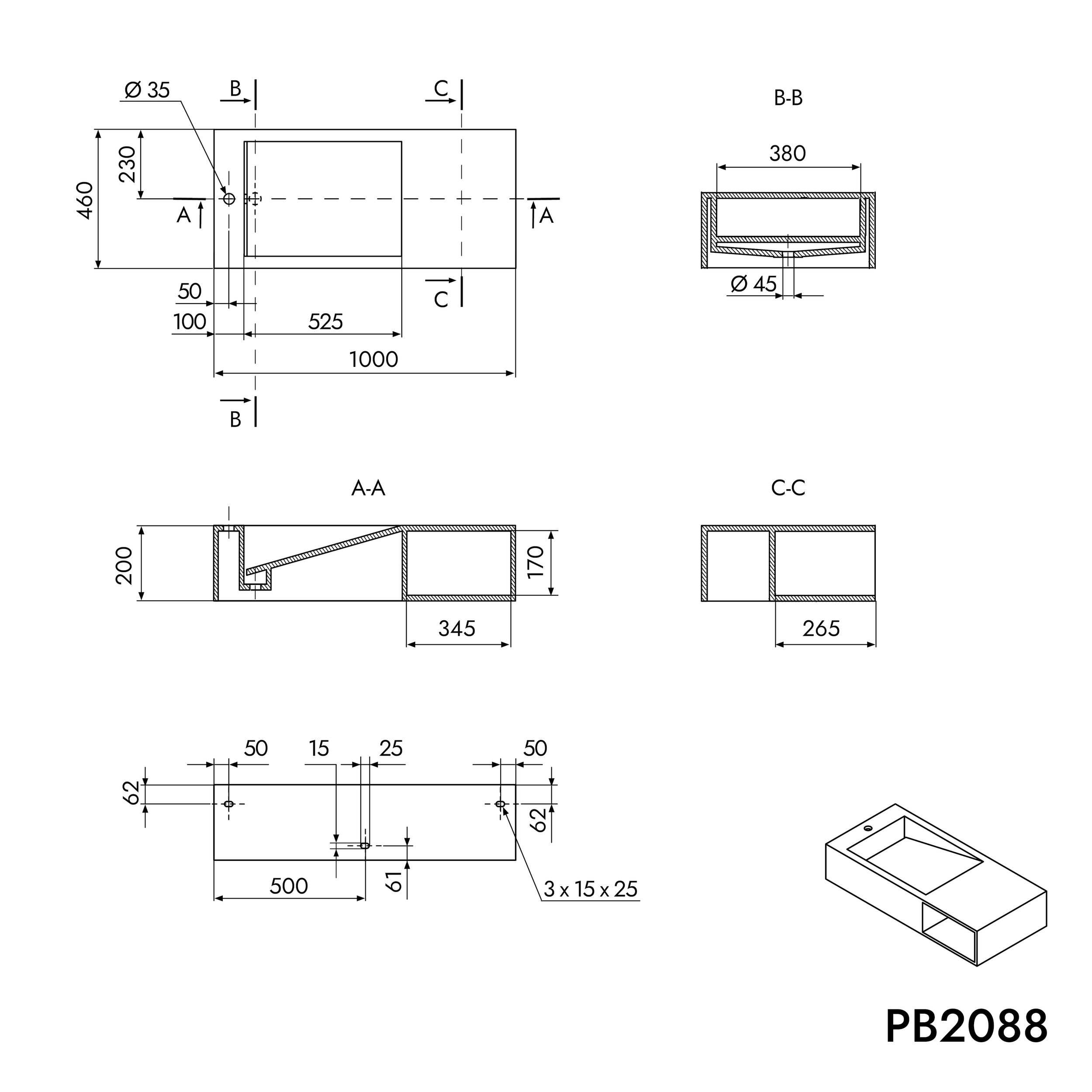 Lavabo mural PB2088 de fundición mineral