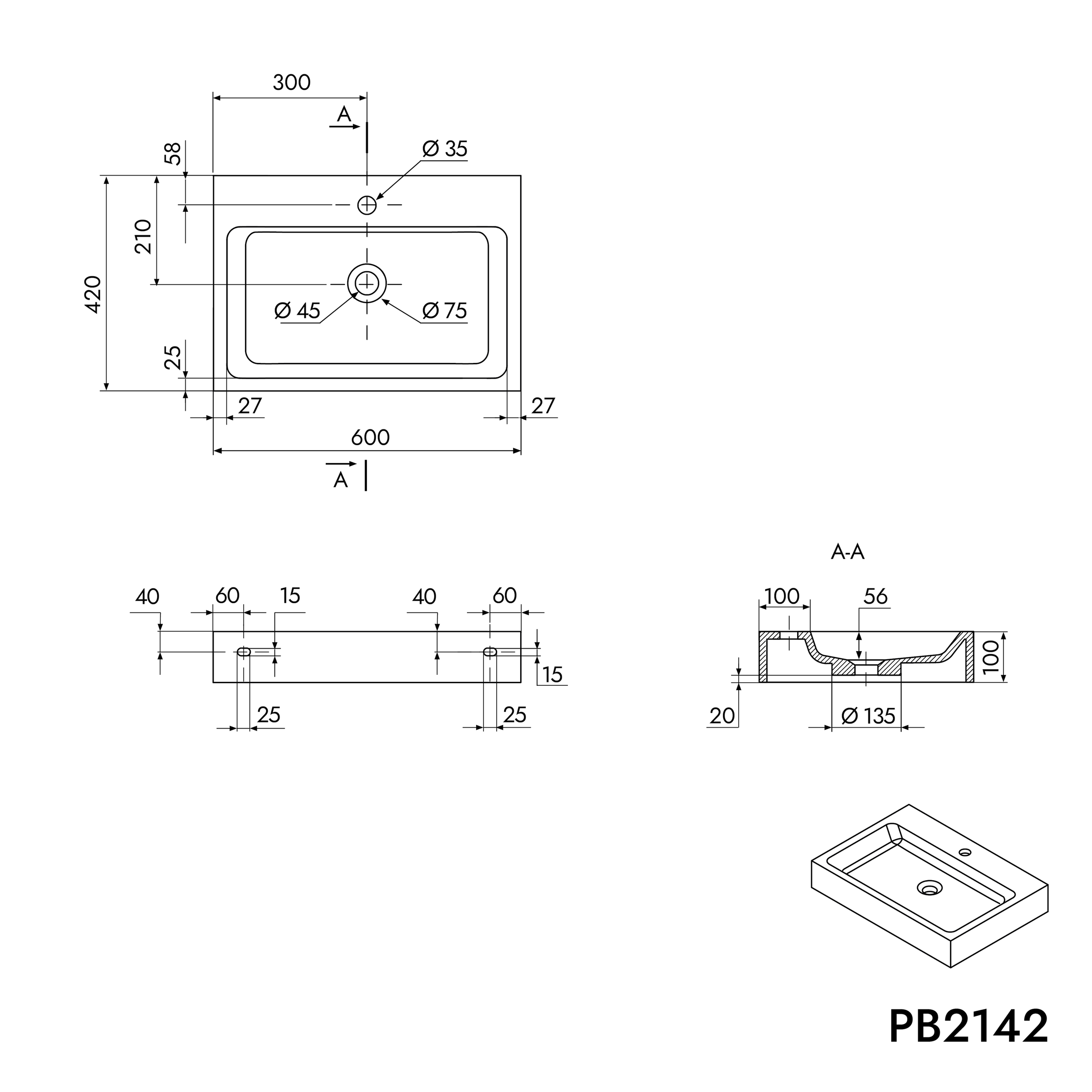 Lavabo mural PB2142 de fundición mineral