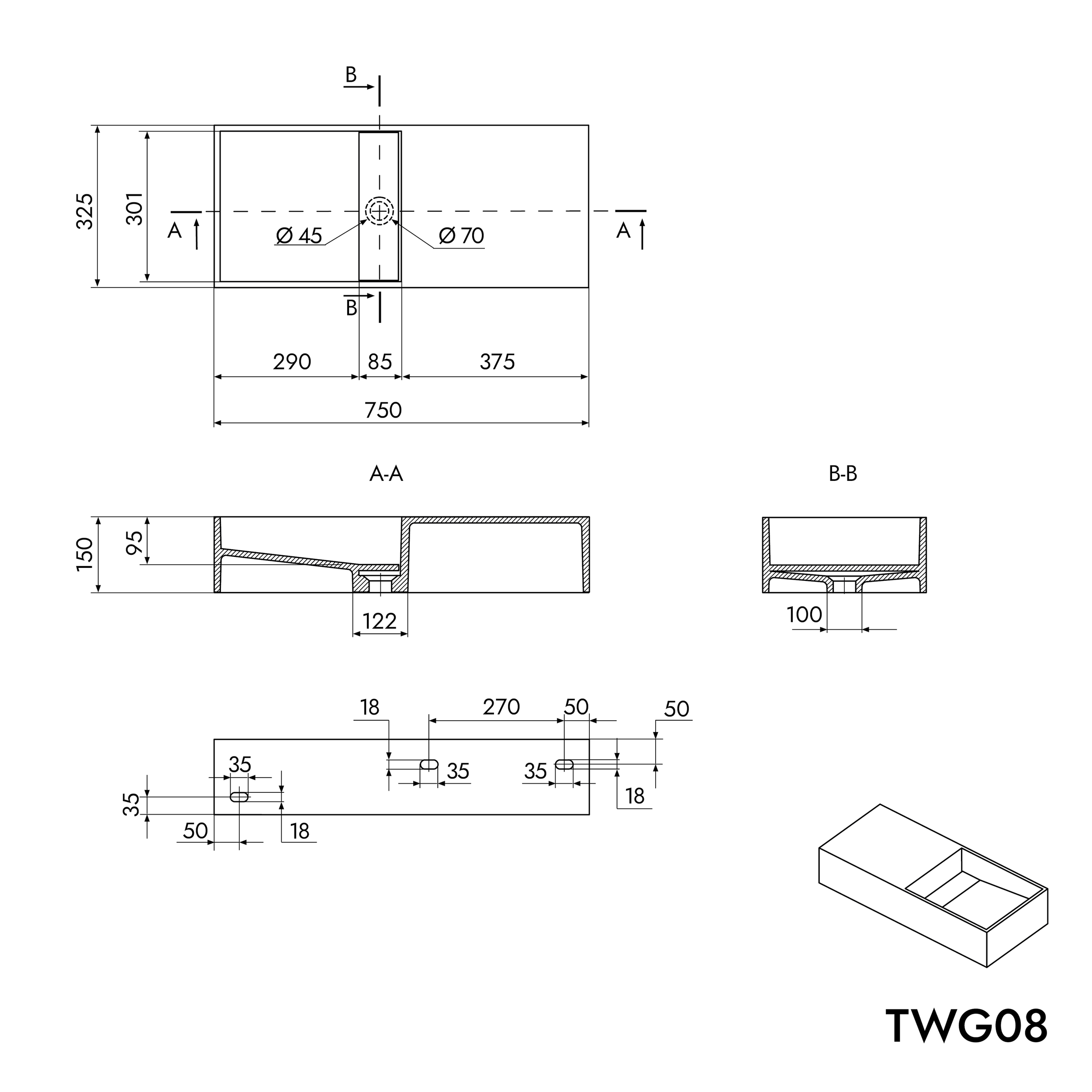 TWG08 Lavabo mural de fundición mineral