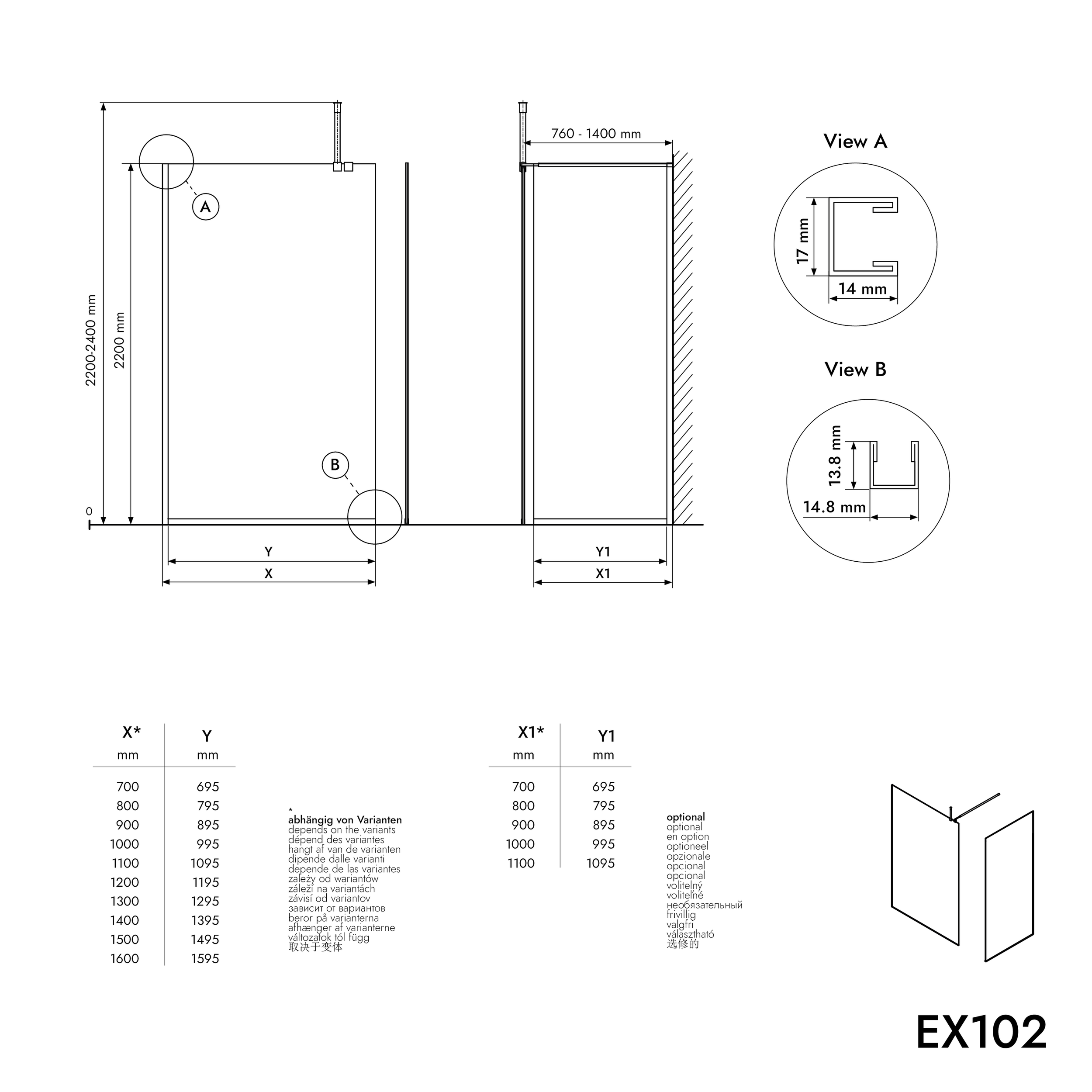 Mampara de ducha Walk-in Cristal nano transparente de 10 mm EX102 - 1 pared de cristal con perfil de acero inoxidable cromado - anchura seleccionable