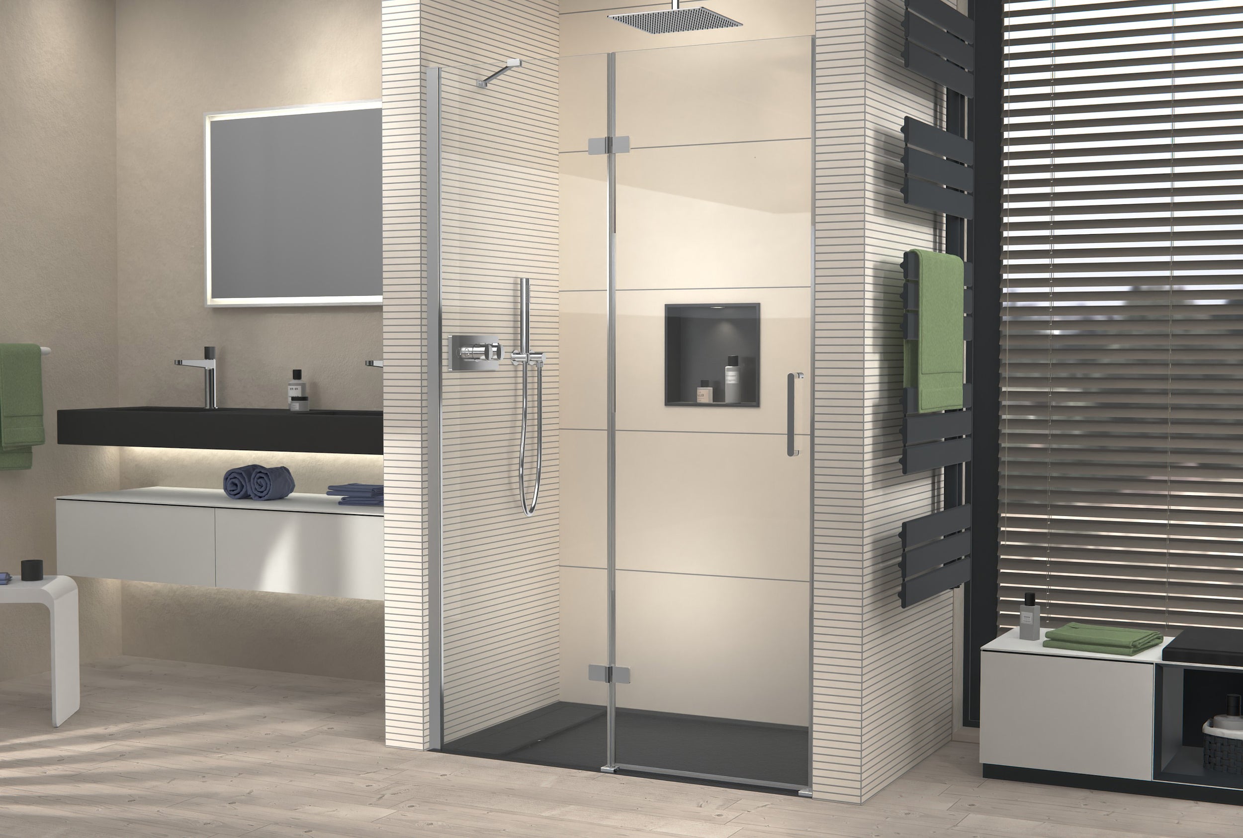 Ducha empotrada con puerta giratoria en panel fijo NT403