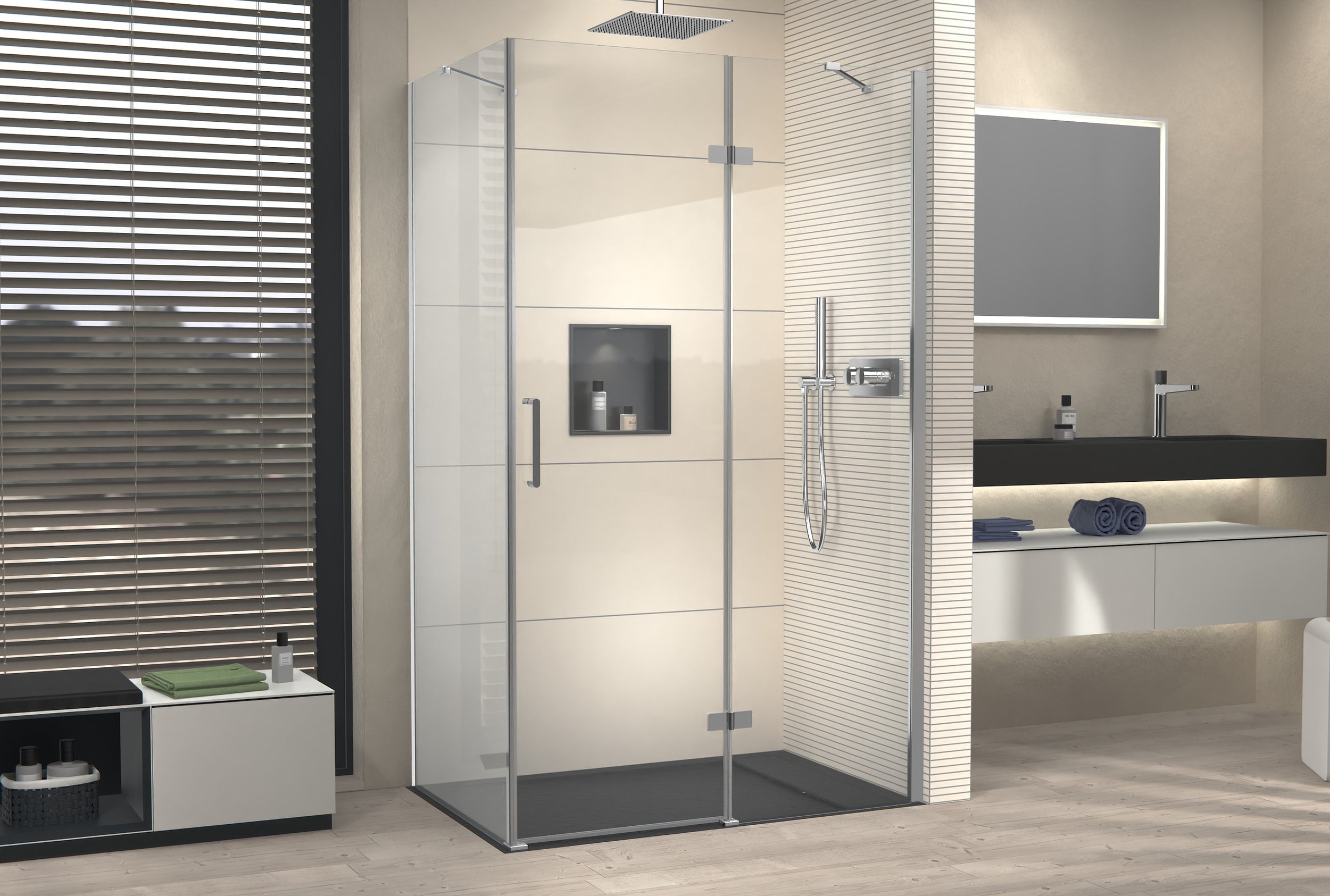 Ducha de esquina con puerta giratoria en panel fijo NT403