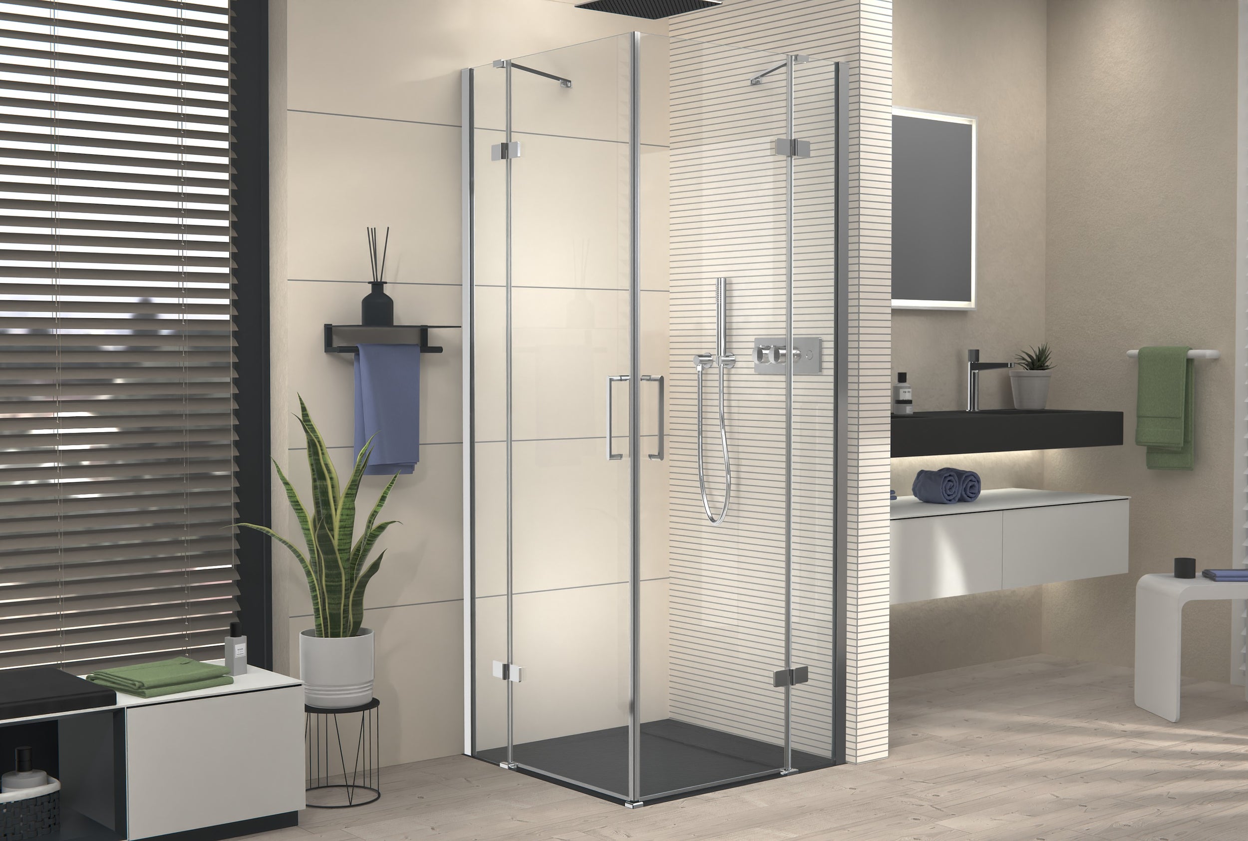 Ducha de esquina con dos puertas giratorias en panel fijo NT407