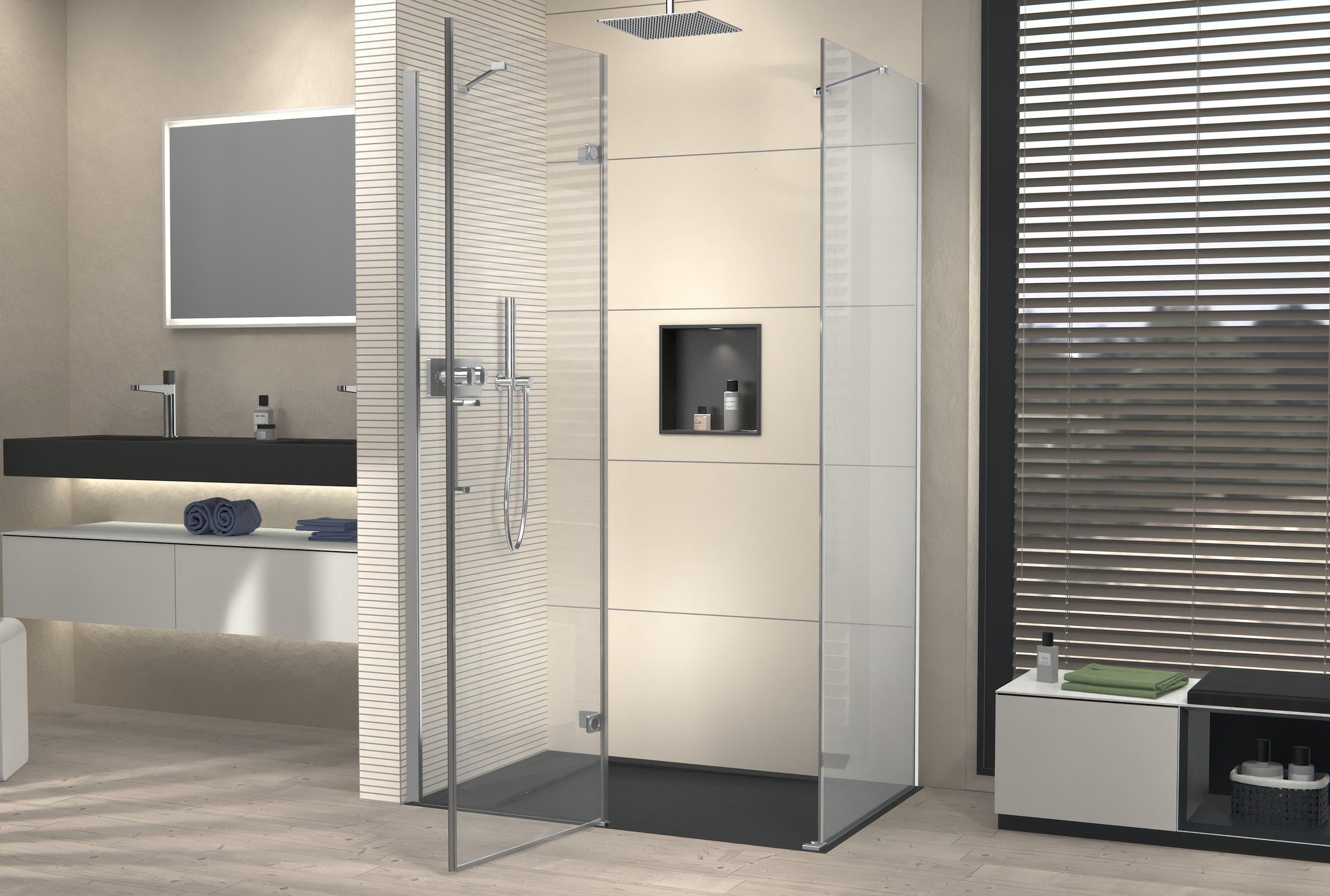 Ducha de esquina con puerta giratoria en panel fijo NT403