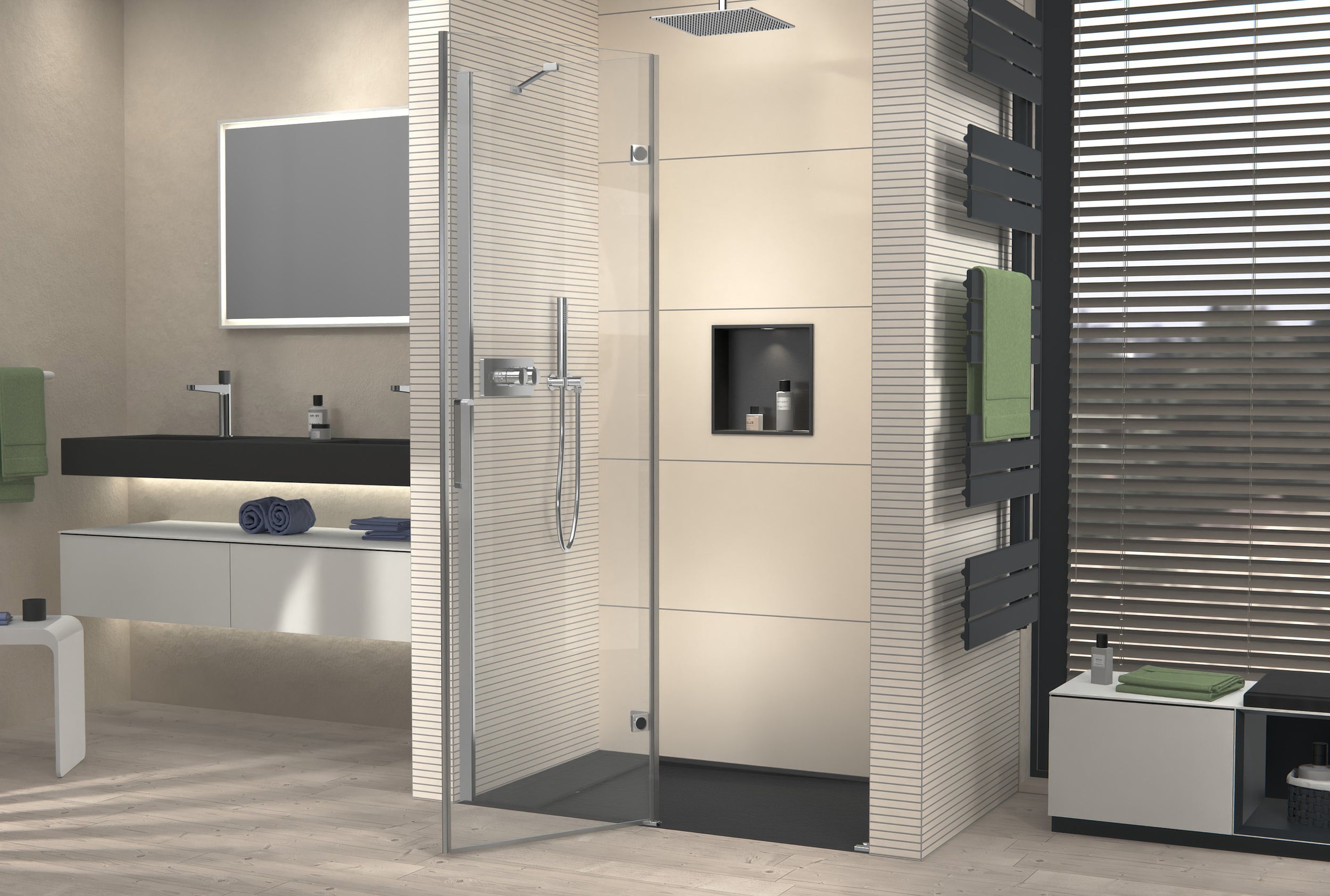Ducha empotrada con puerta giratoria en panel fijo NT403