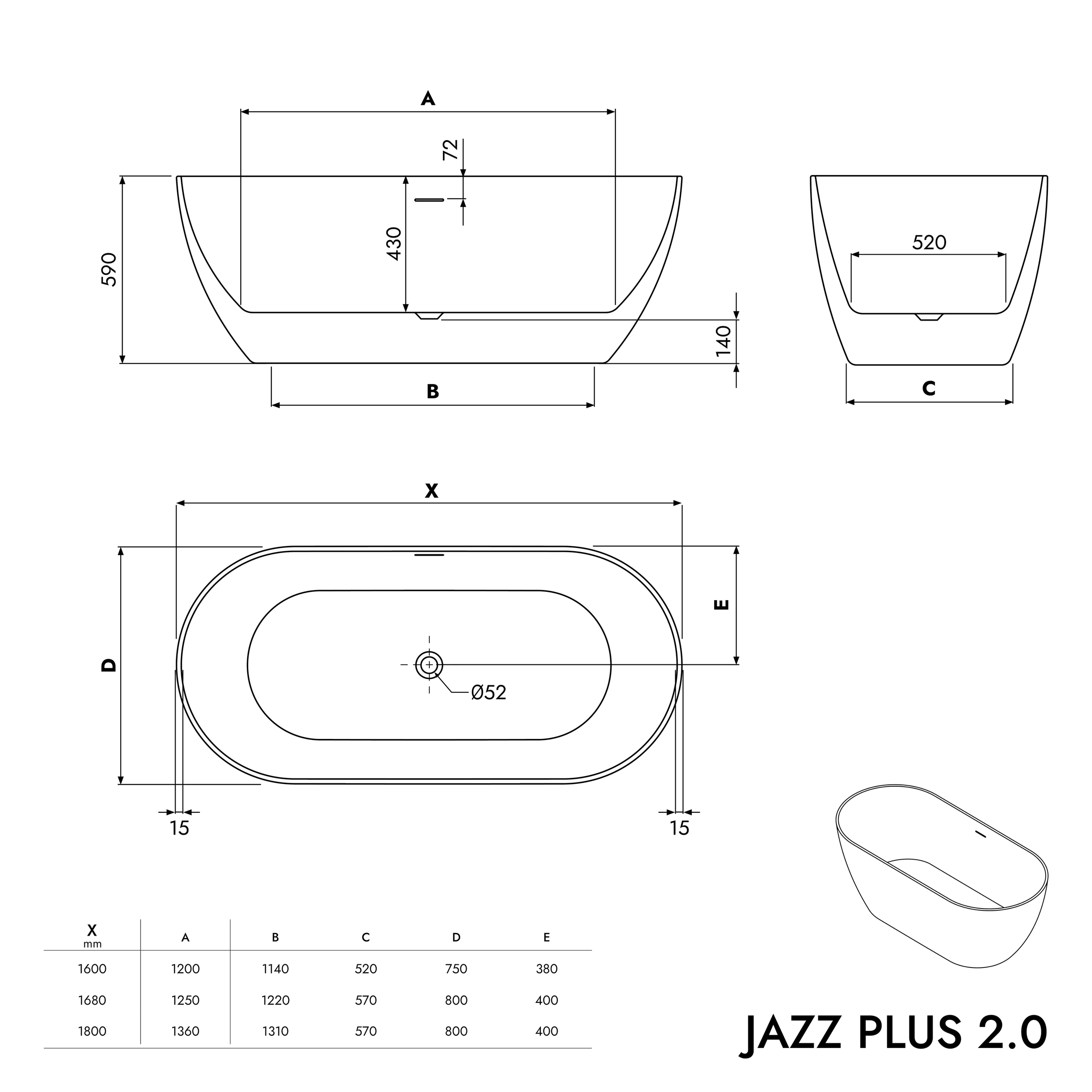 Bañera exenta JAZZ PLUS 2.0 acrílico blanco mate