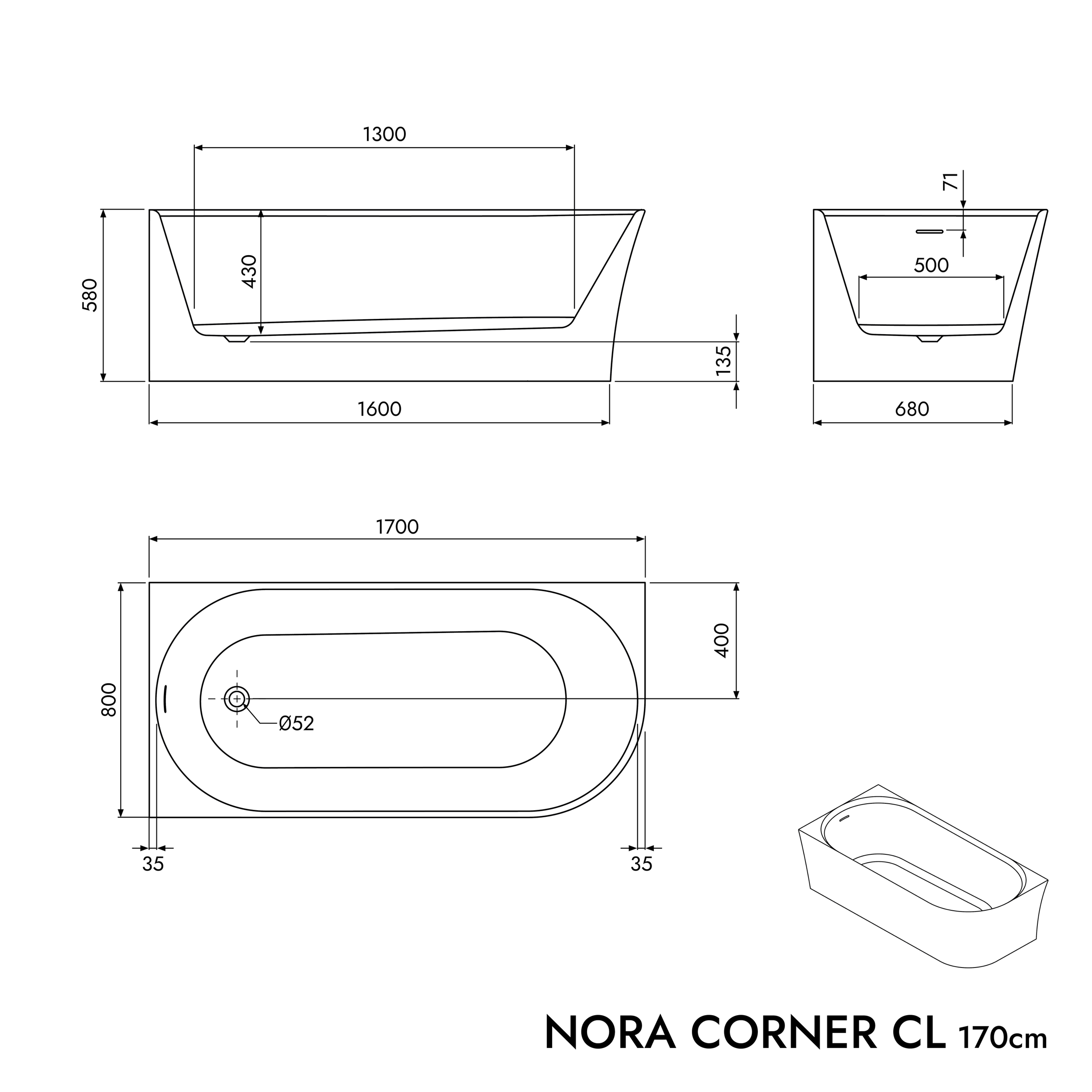 Bañera semi-independiente NORA CORNER acrílico blanco mate