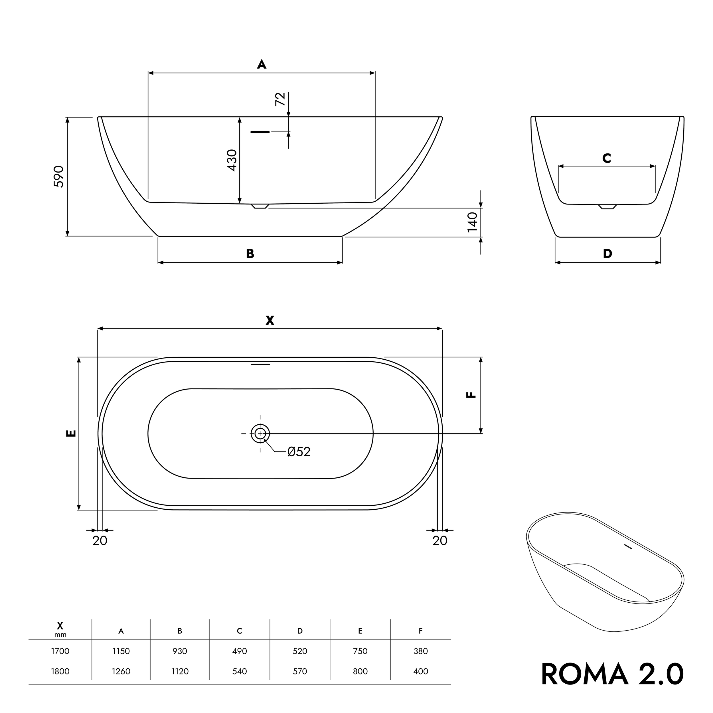 Bañera exenta ROMA 2.0 acrílica