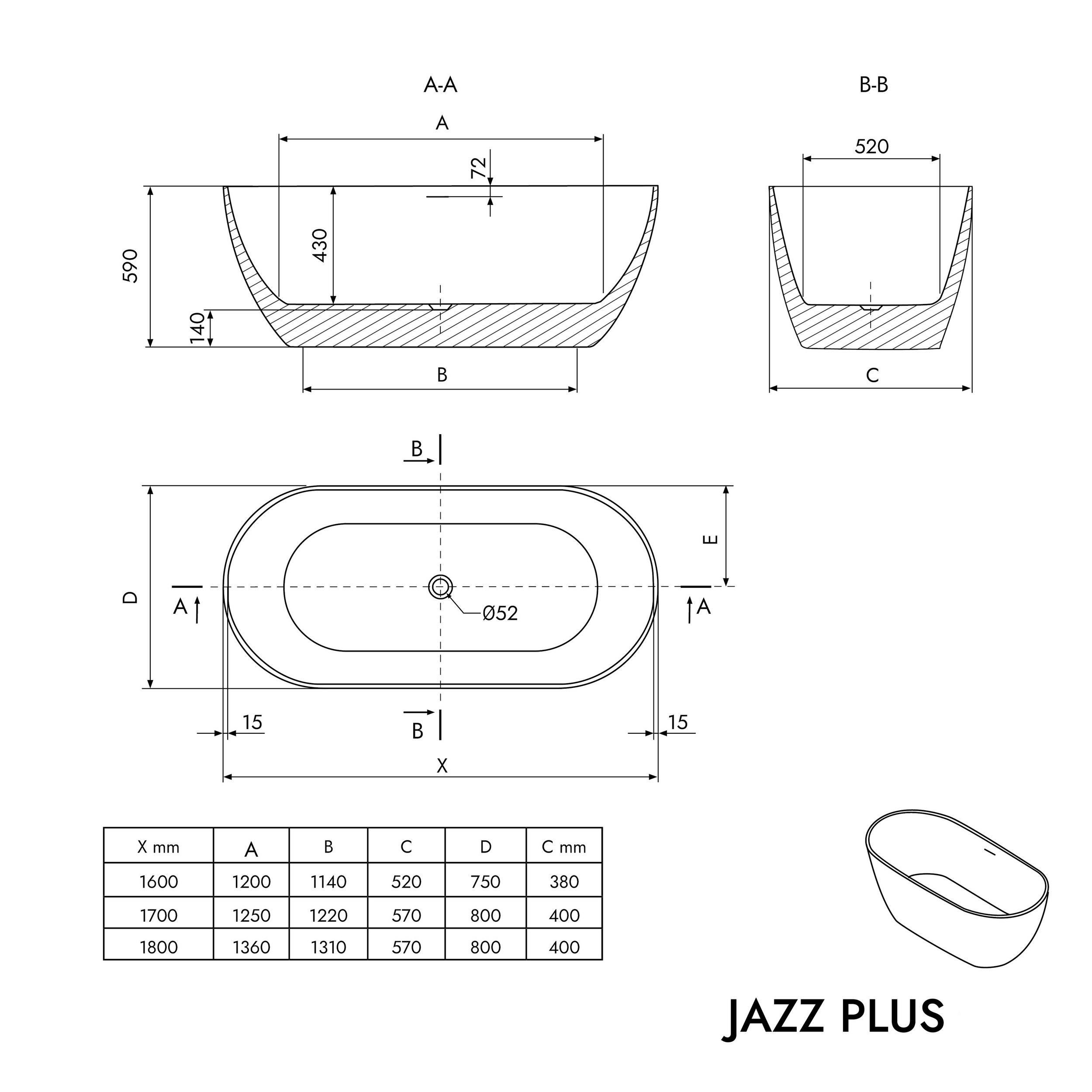 Bañera exenta JAZZ PLUS 2.0 acrílico blanco mate