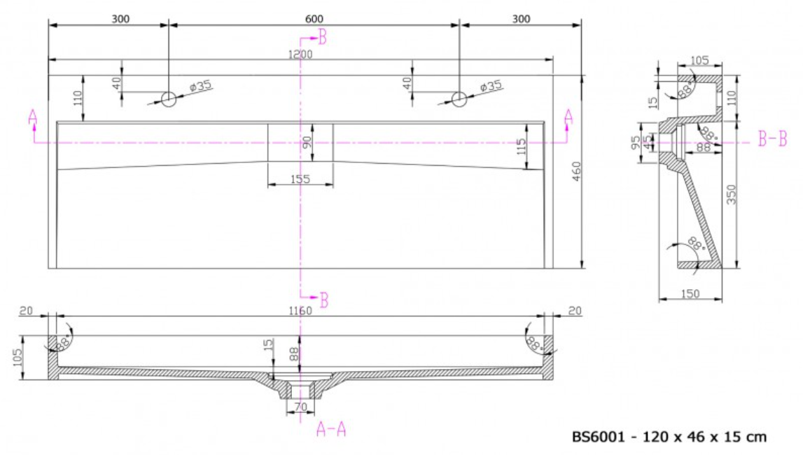 Lavabo para apoyar o colgar BS6001 - blanco - 2 orificios para grifería - longitud 120 cm