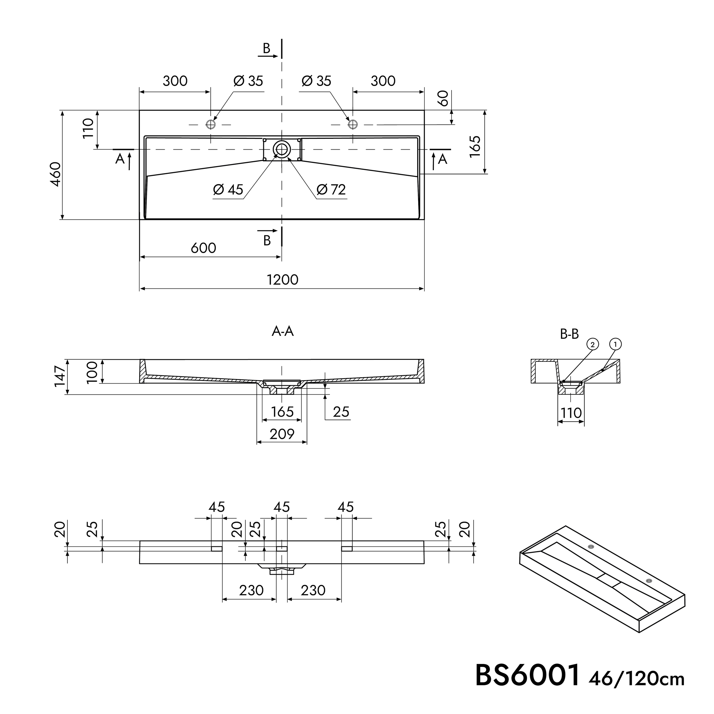Lavabo para apoyar o colgar BS6001 - blanco - 2 orificios para grifería - longitud 120 cm