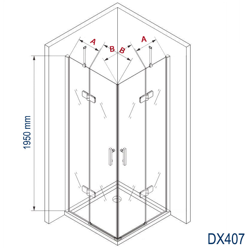 Esquina de cabina de ducha de vidrio templado de seguridad NANO transparente DX407 de 8 mm de grosor - anchura seleccionable 