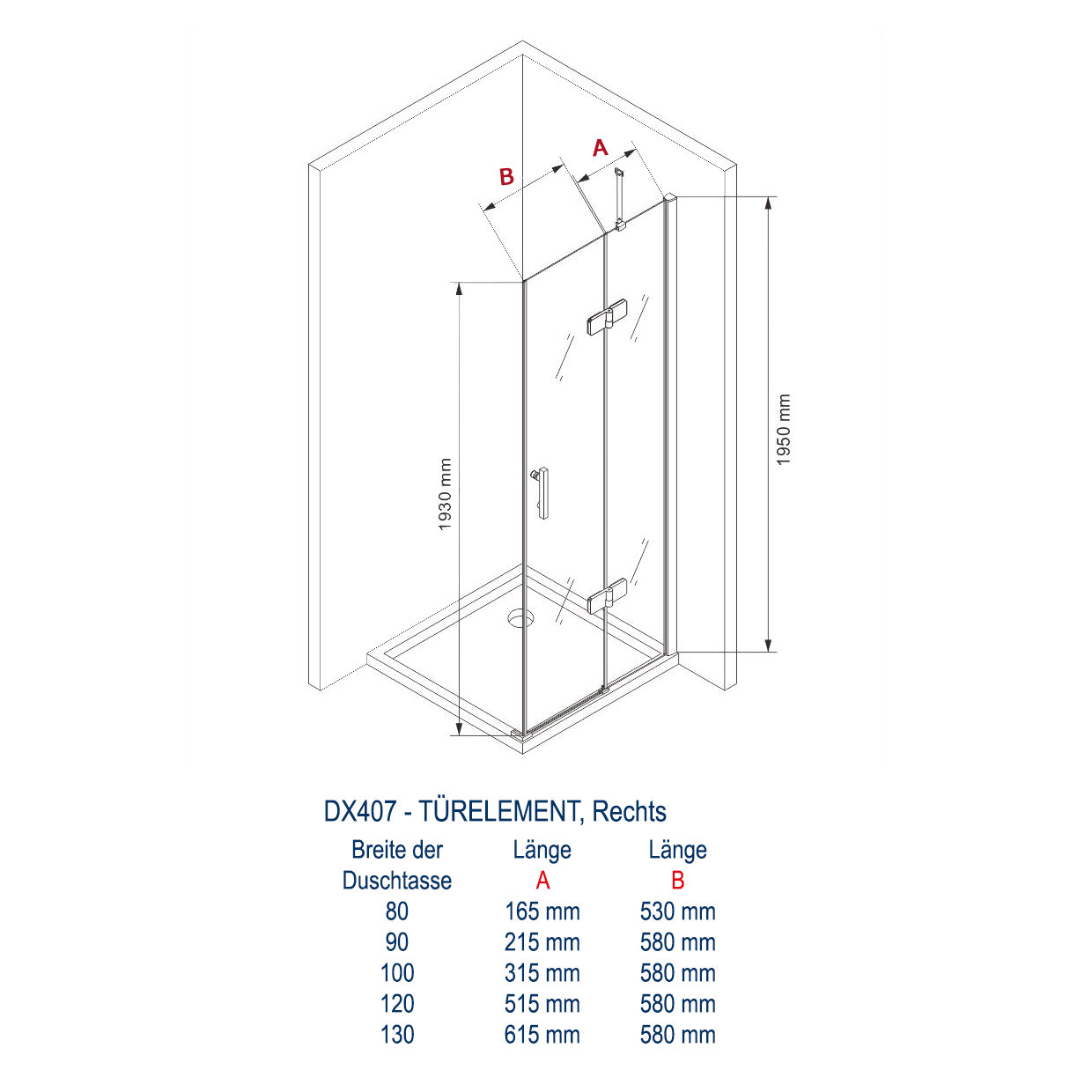 Esquina de cabina de ducha de vidrio templado de seguridad NANO transparente DX407 de 8 mm de grosor - anchura seleccionable 