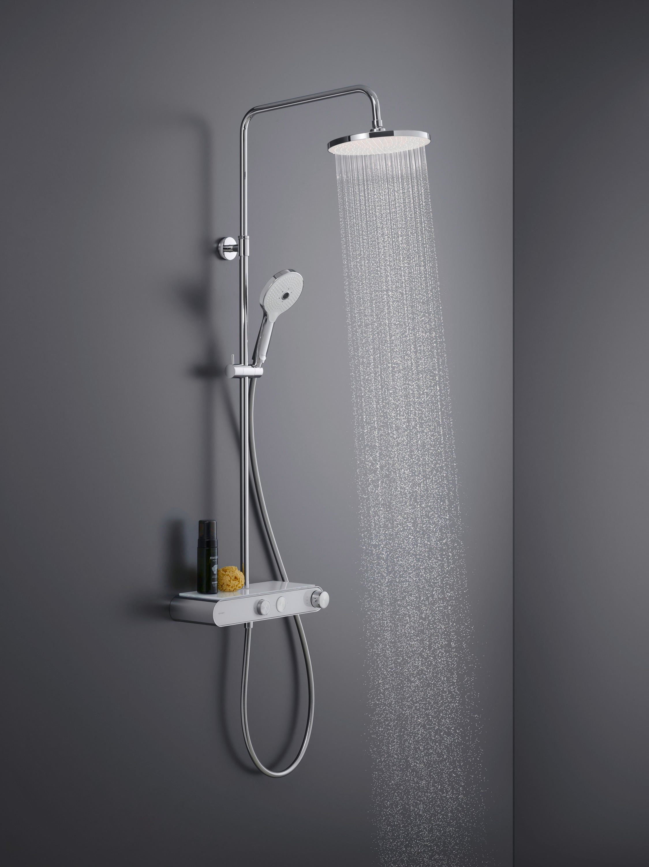 Sistema de ducha Duravit, con termostato y repisa de cristal, incl. teleducha con 3 modos de chorro - cromo/blanco