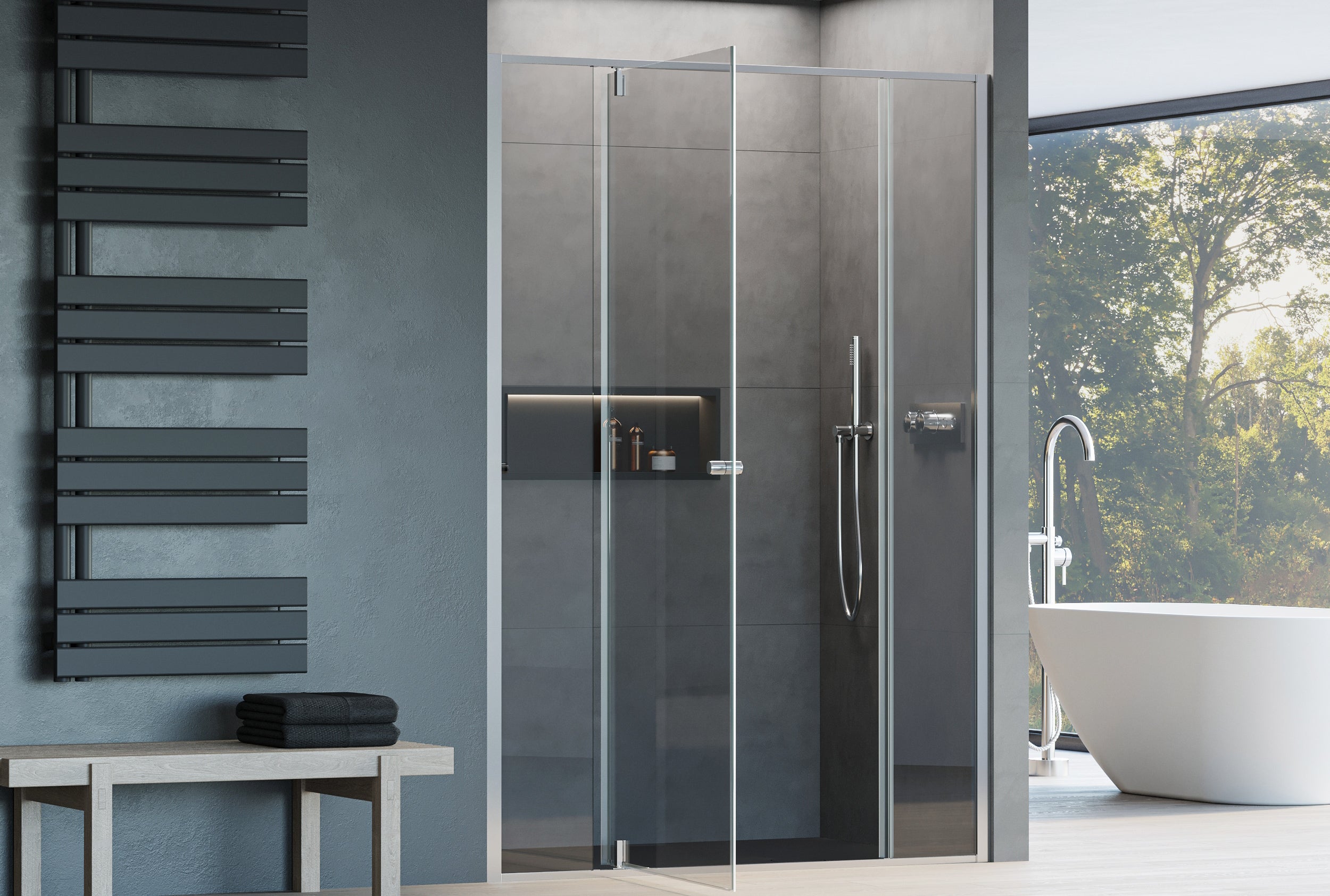 Ducha nicho con puerta abatible sobre dos paneles fijos NT607 FLEX