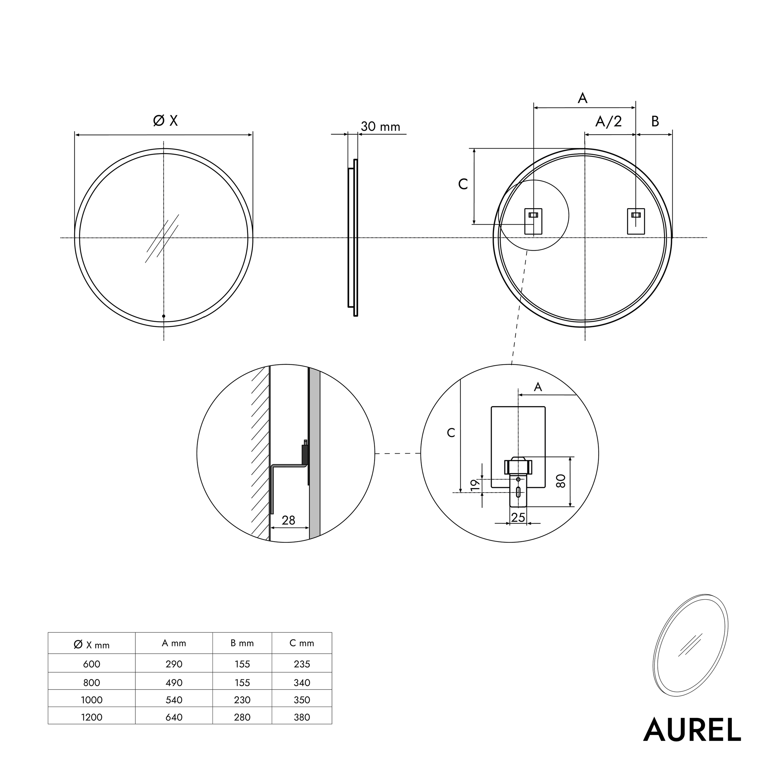 Espejo de baño LED redondo AUREL