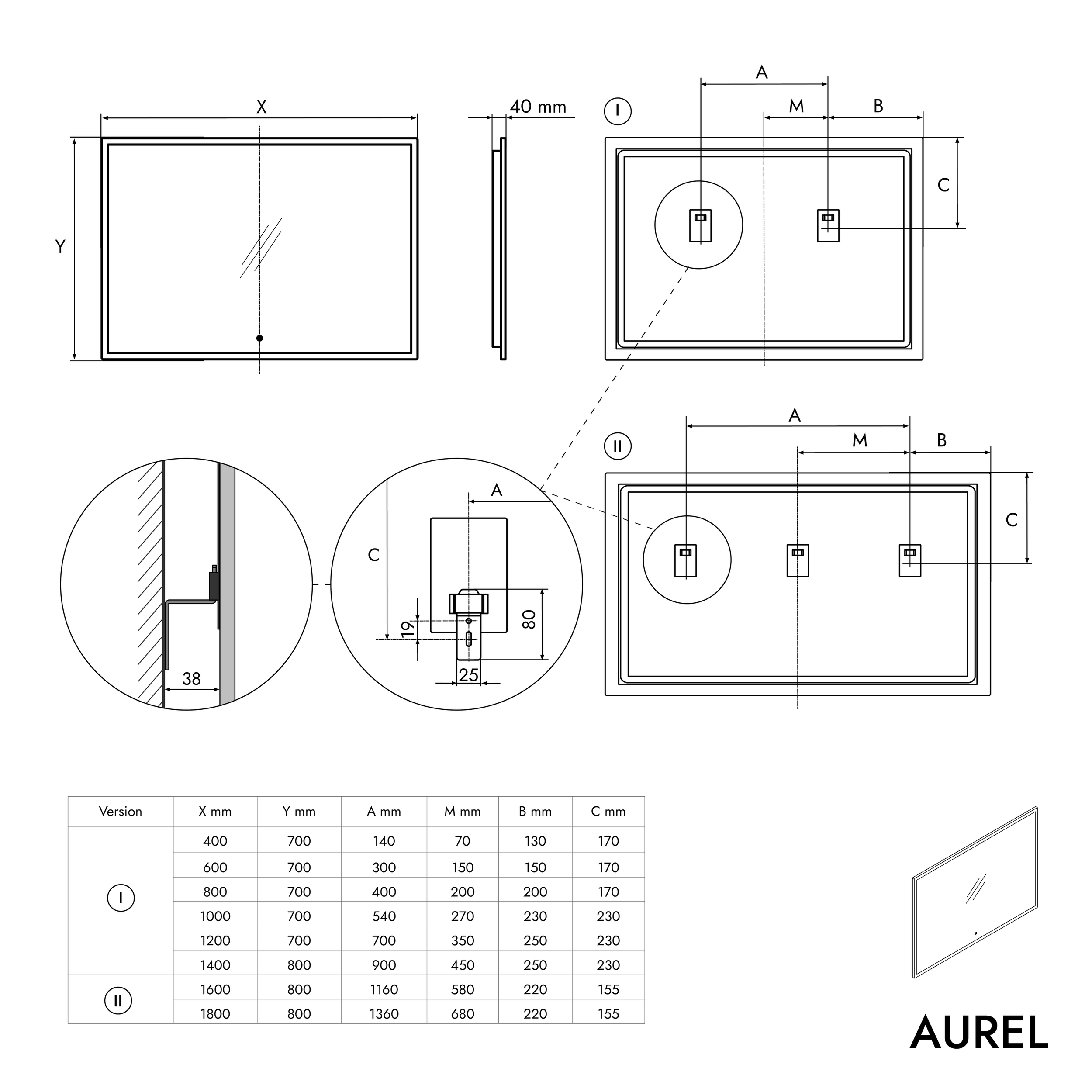 Espejo de baño LED rectangular AUREL