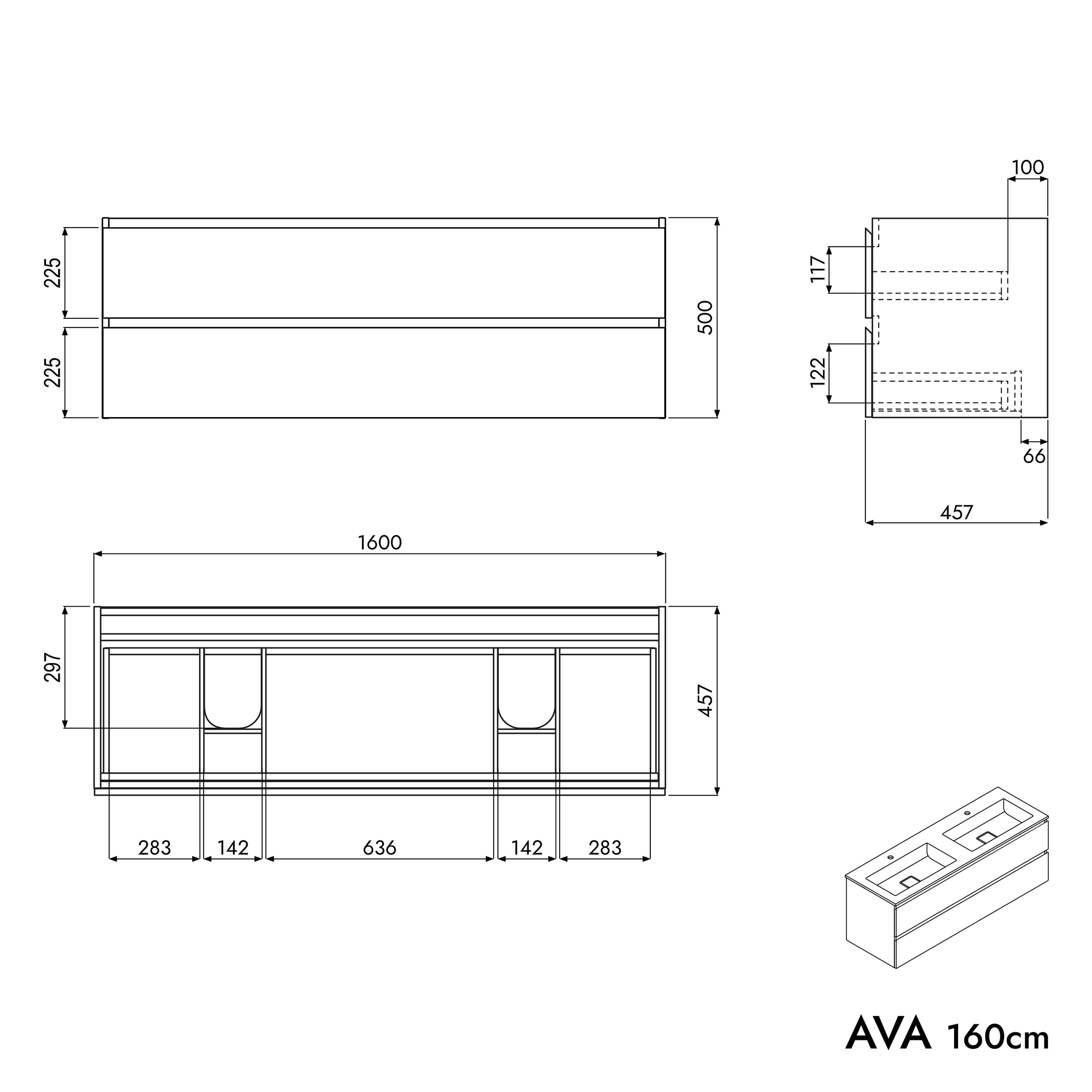 Mueble bajo lavabo AVA 160 cm con lavabo de fundición mineral BRUXELLES