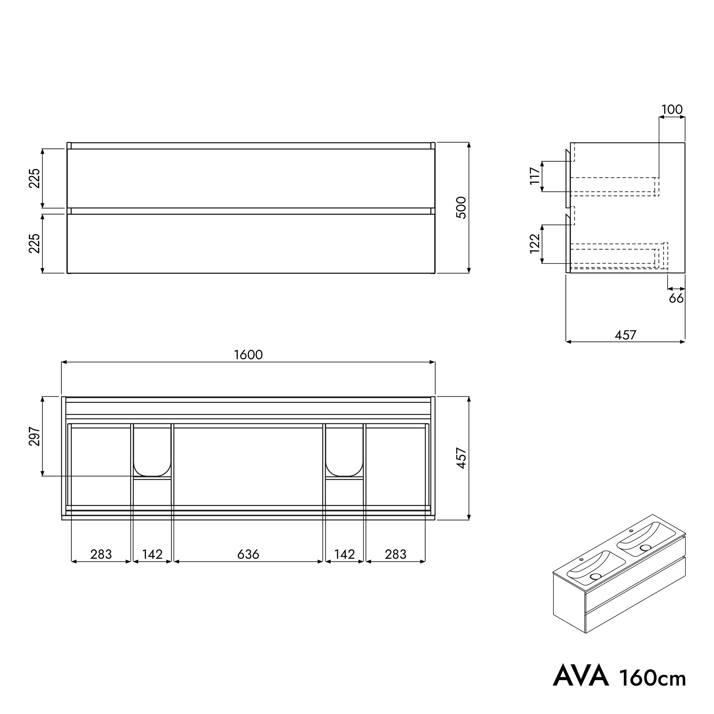 Mueble bajo lavabo AVA 160 cm con lavabo de fundición mineral CREMA