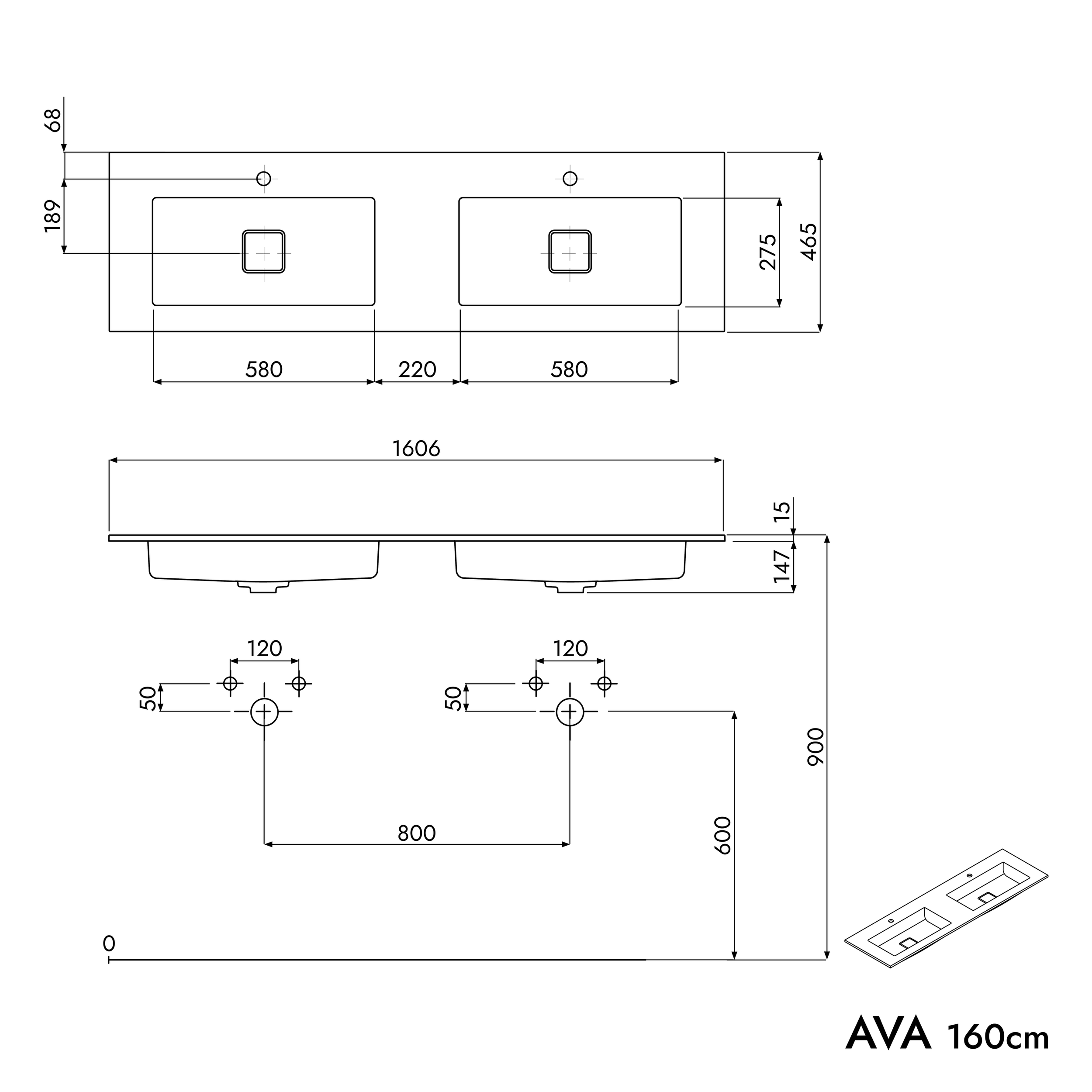 Mueble bajo lavabo AVA 160 cm con lavabo de fundición mineral BRUXELLES