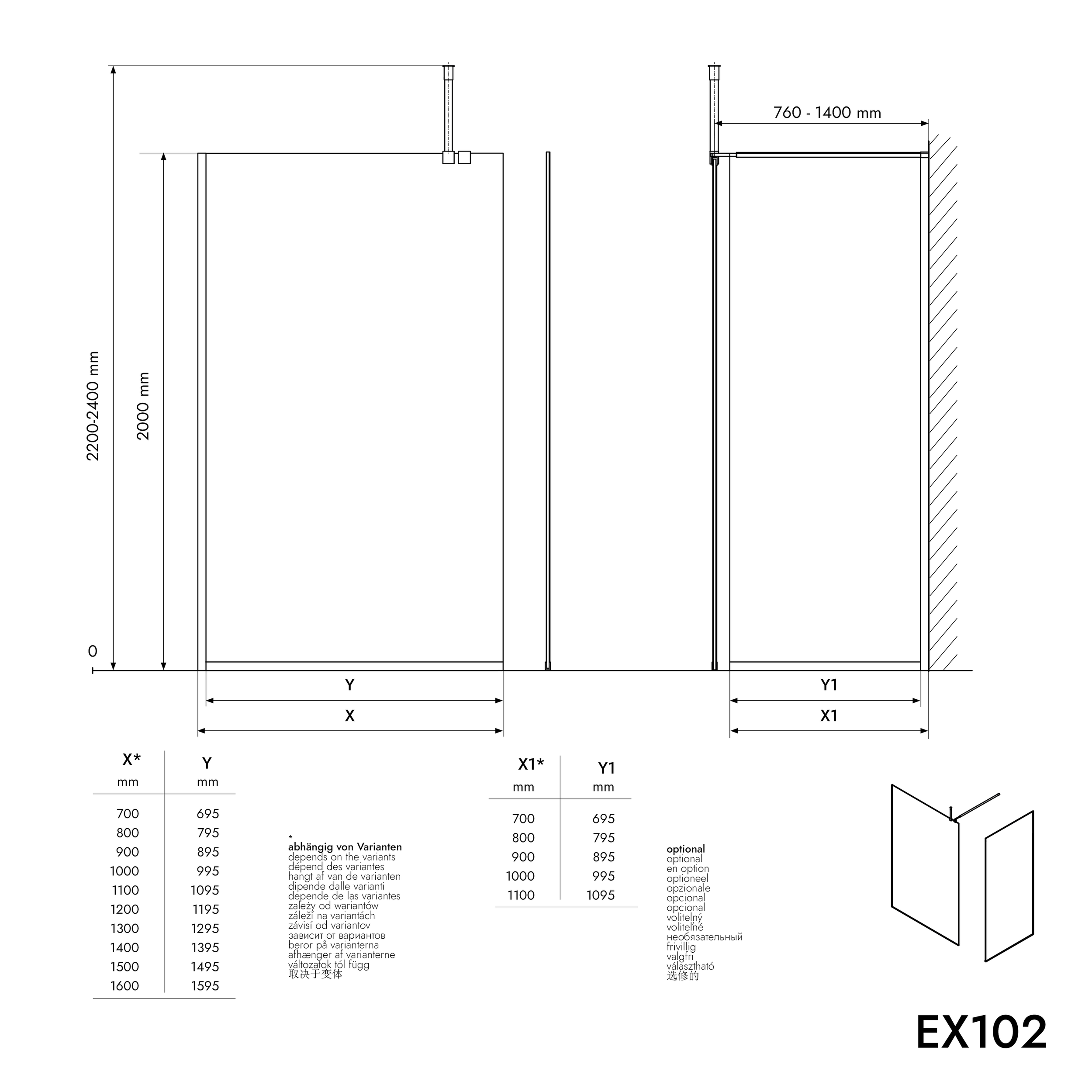 Mampara de ducha EX102 - 1 pared de cristal perfil de acero inoxidable negro mate - anchura seleccionable