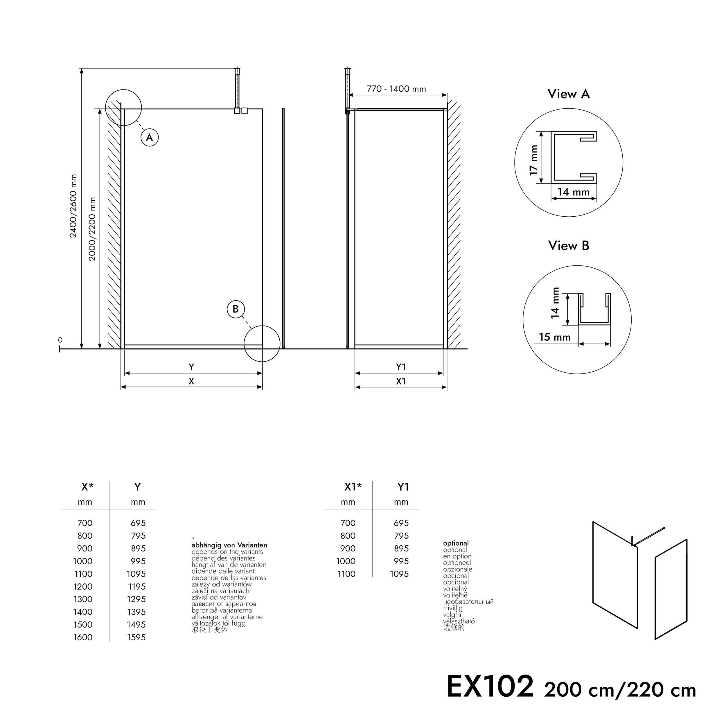 Mampara de ducha Walk-in Cristal nano transparente de 10 mm EX102 - 1 pared de cristal con perfil de acero inoxidable cromado - anchura seleccionable