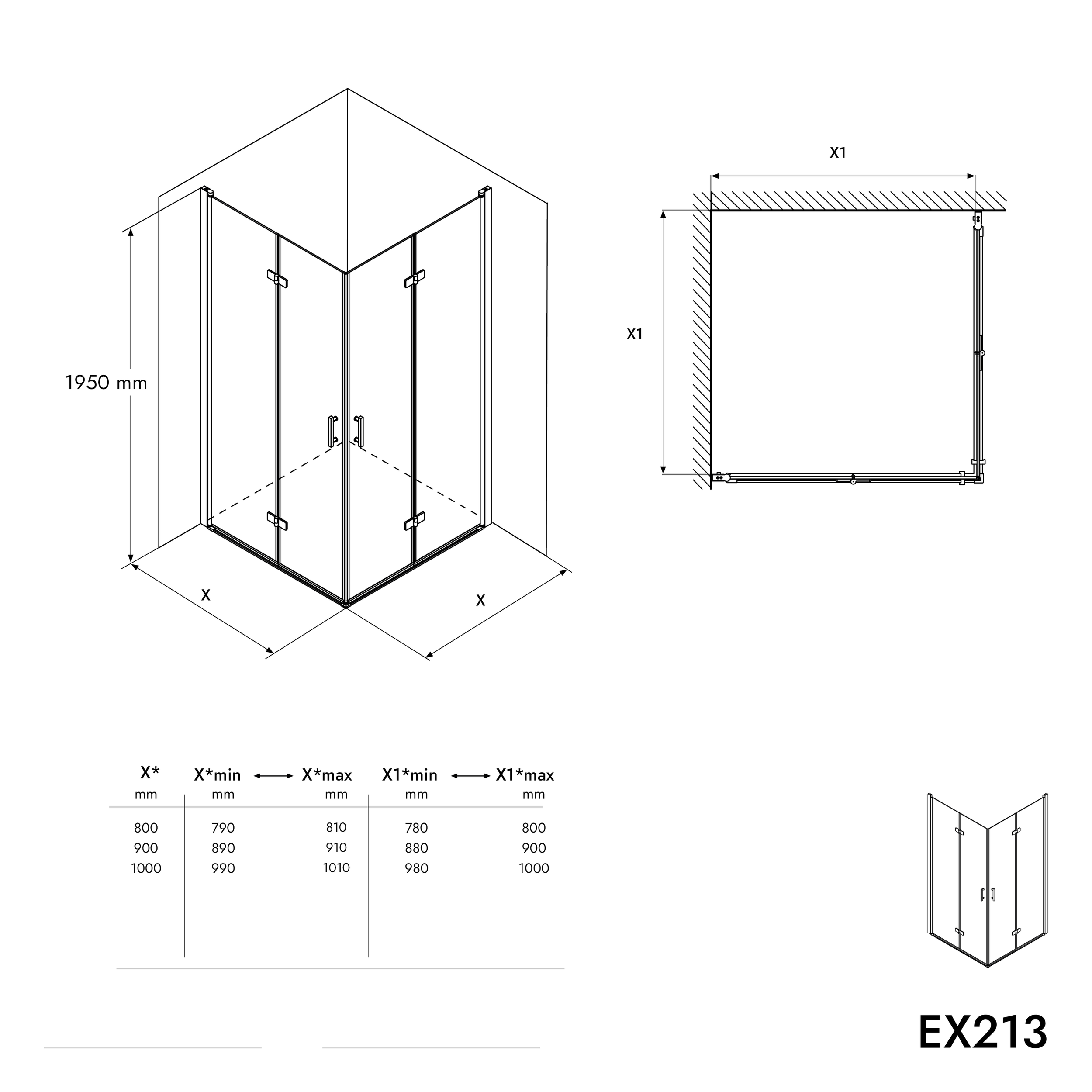 Mampara de ducha de esquina EX213 - 100 x 100 x 195 cm - con doble puerta abatible - con cristal NANO de 8 mm