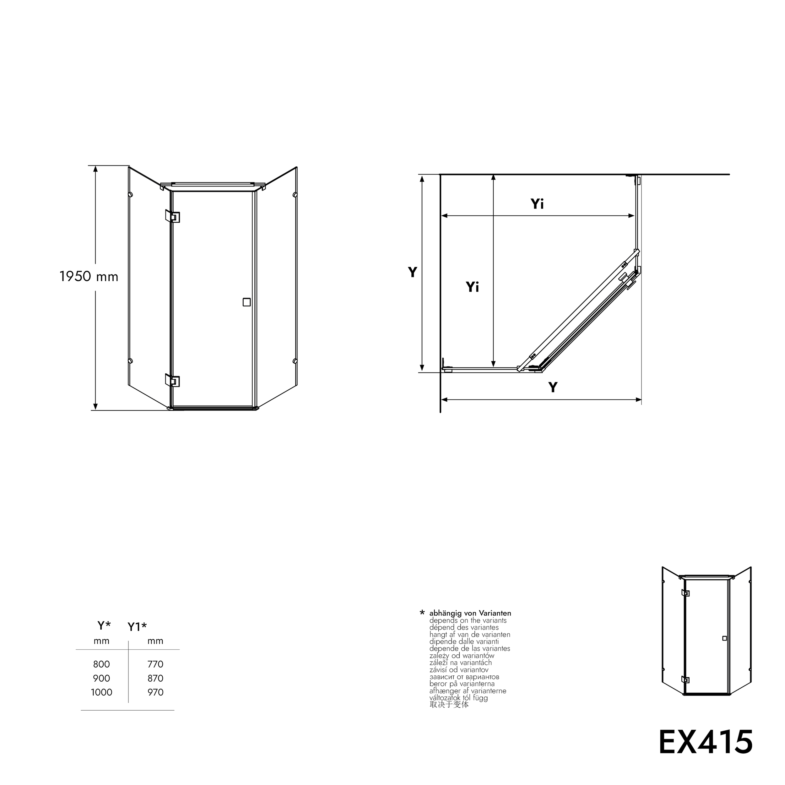 Mampara de ducha pentagonal EX415 - 90 x 90 x 195 cm - sin marco - en auténtico cristal NANO de 8 mm