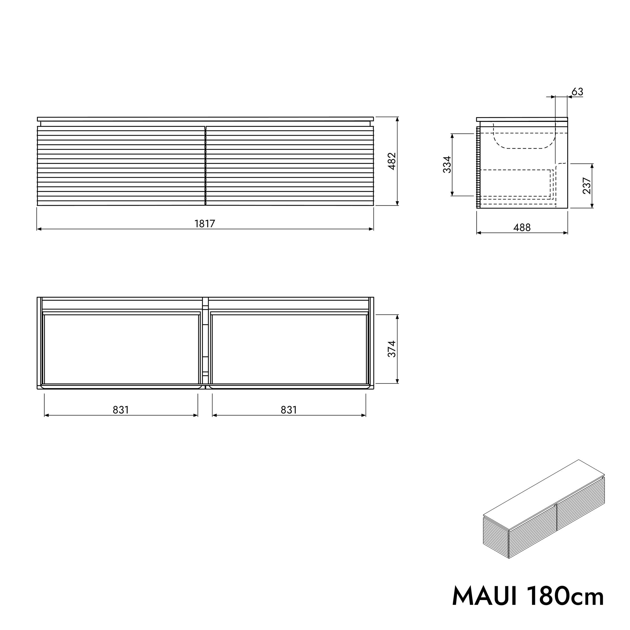 Mueble bajo para lavabo MAUI 180 cm