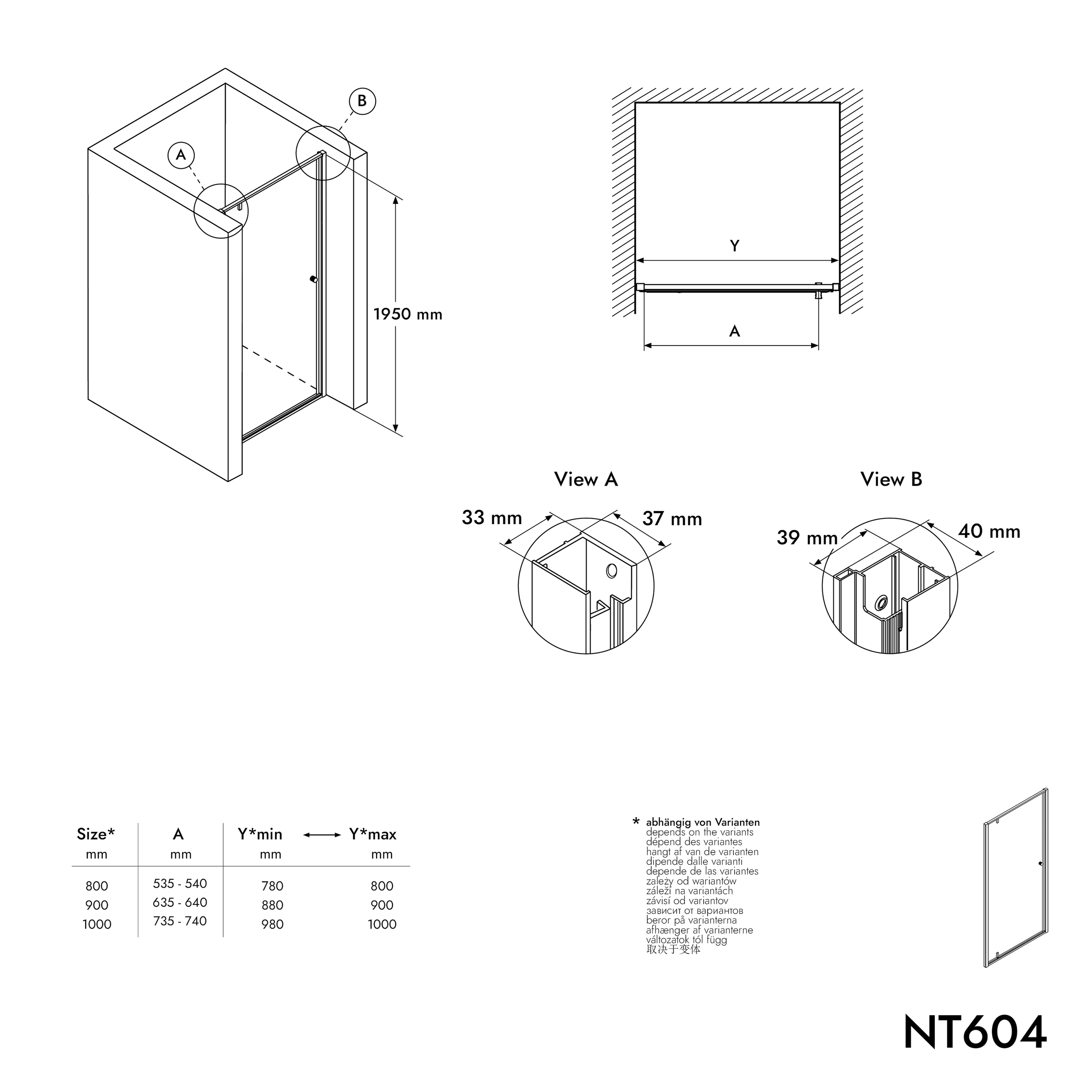 Ducha nicho con puerta giratoria NT604 FLEX - vidrio nano transparente de 6 mm - color del perfil seleccionable