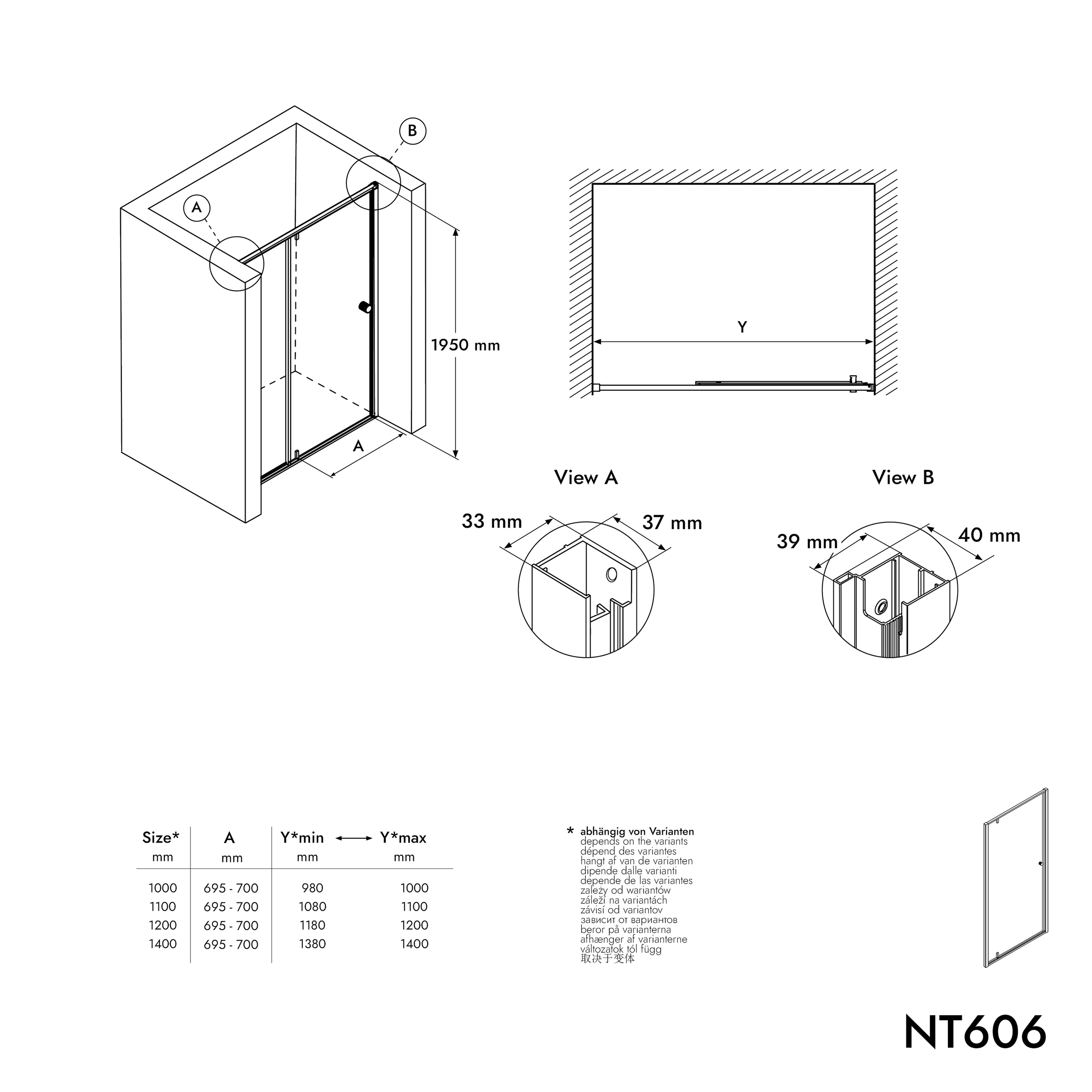 Ducha nicho con puerta giratoria sobre panel fijo NT606 FLEX - vidrio nano transparente de 6 mm - color de perfil seleccionable