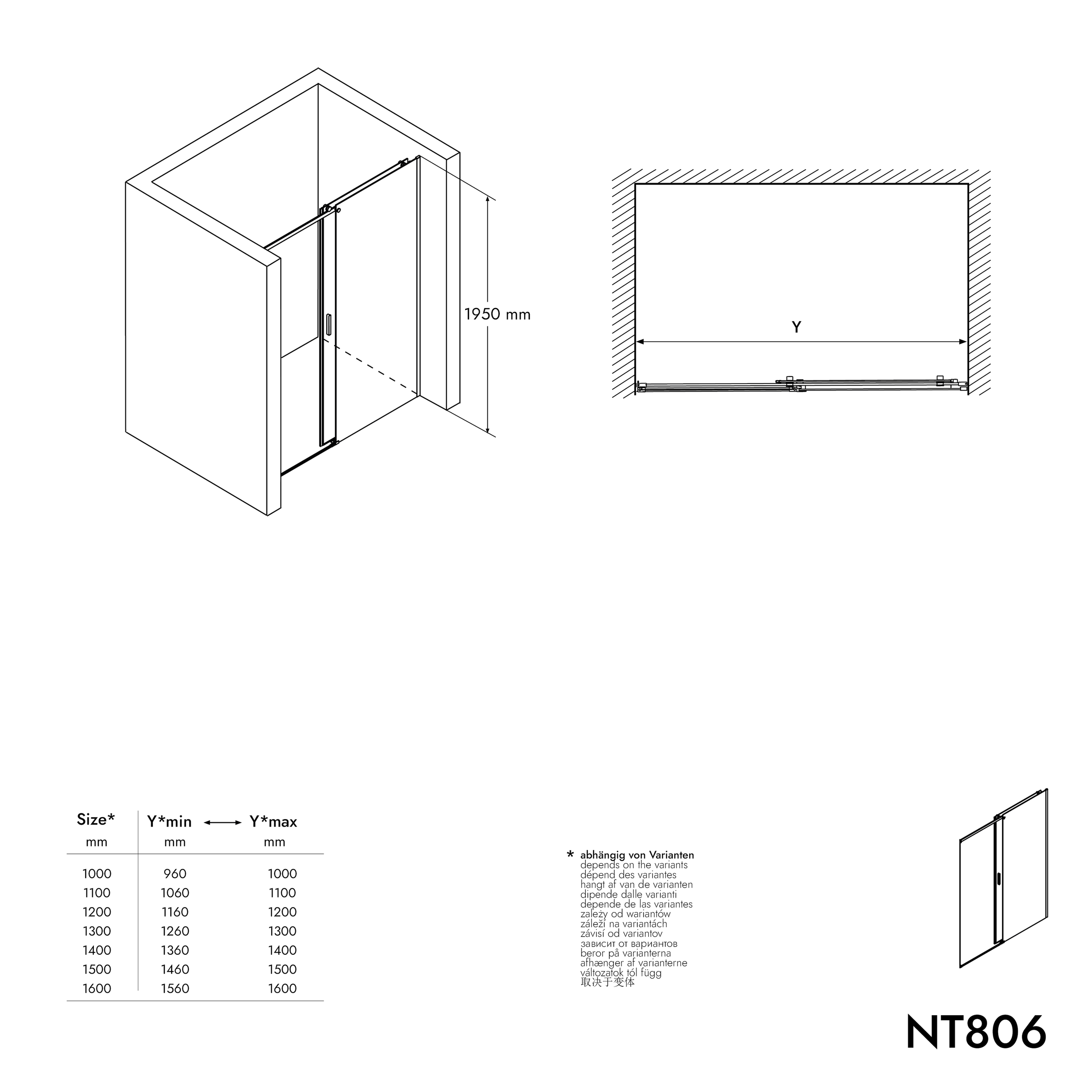 Ducha nicho con puerta corredera NT806 FLEX - Cristal nano transparente - grosor de cristal seleccionable