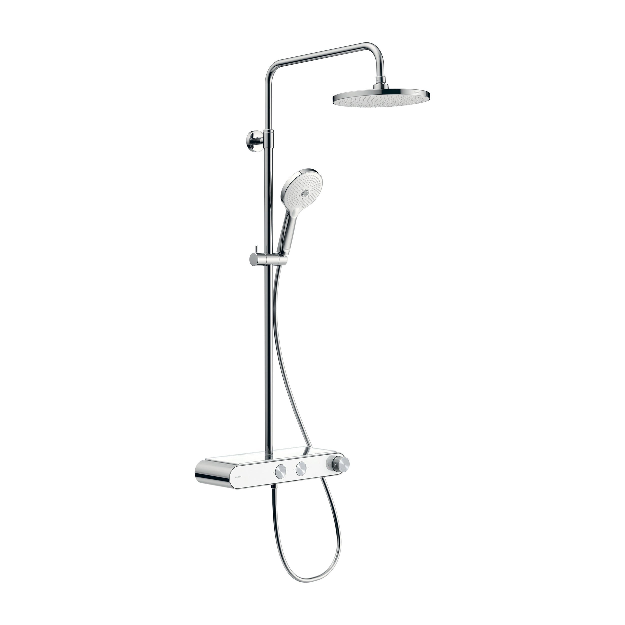 Sistema de ducha Duravit con termostato y repisa de cristal